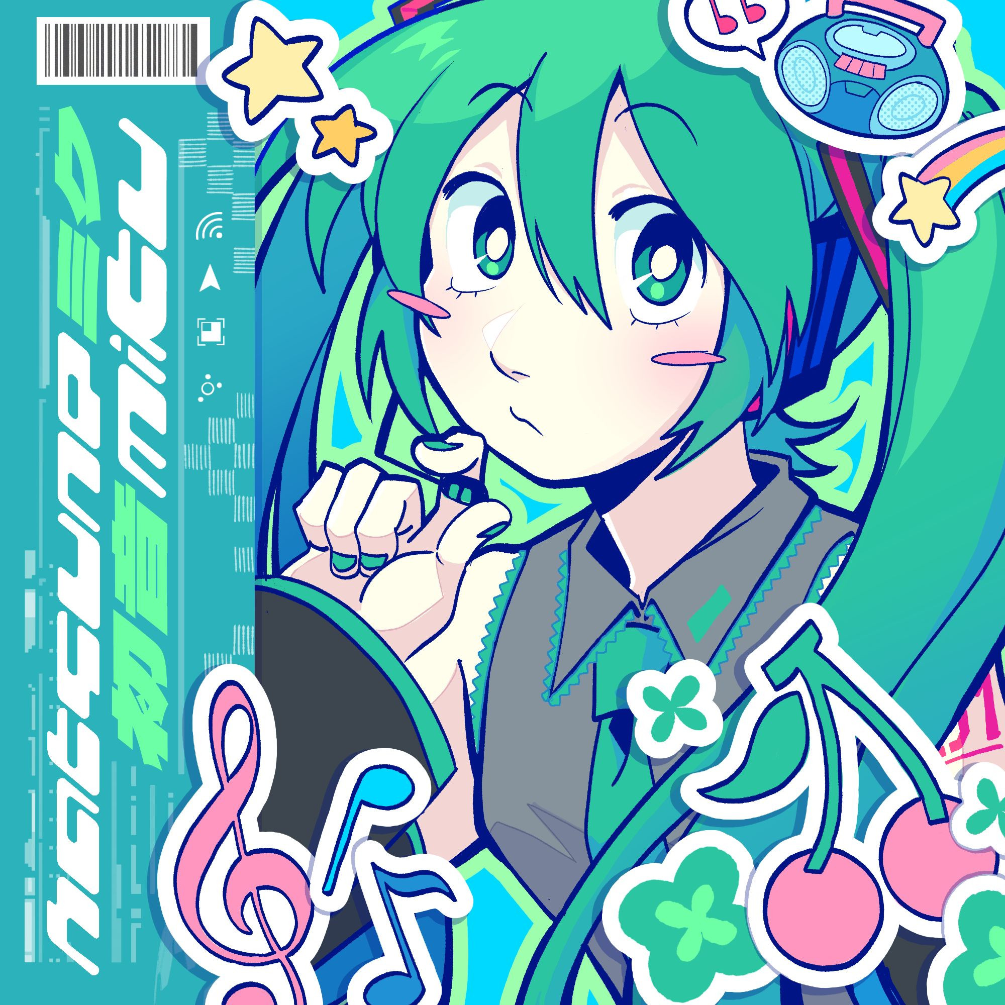 An illustration of Hatsune Miku surrounded by stickers on a mock album cover.