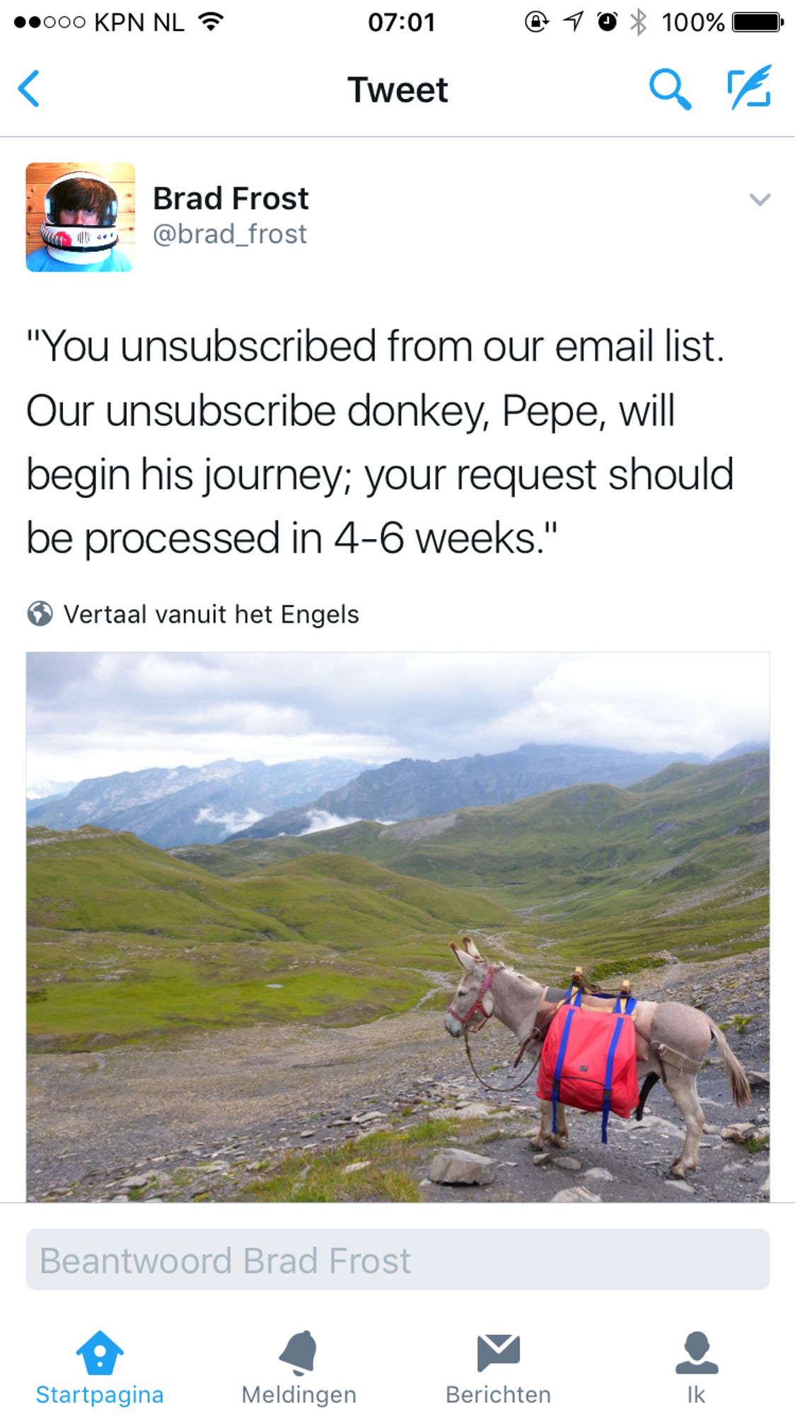 Picture of a donkey in a mountainous region, captioned "You unsubscribed from our email list. Our unsubscribe donkey, Pepe, will begin his journey; your request should be processed in 4-6 weeks."