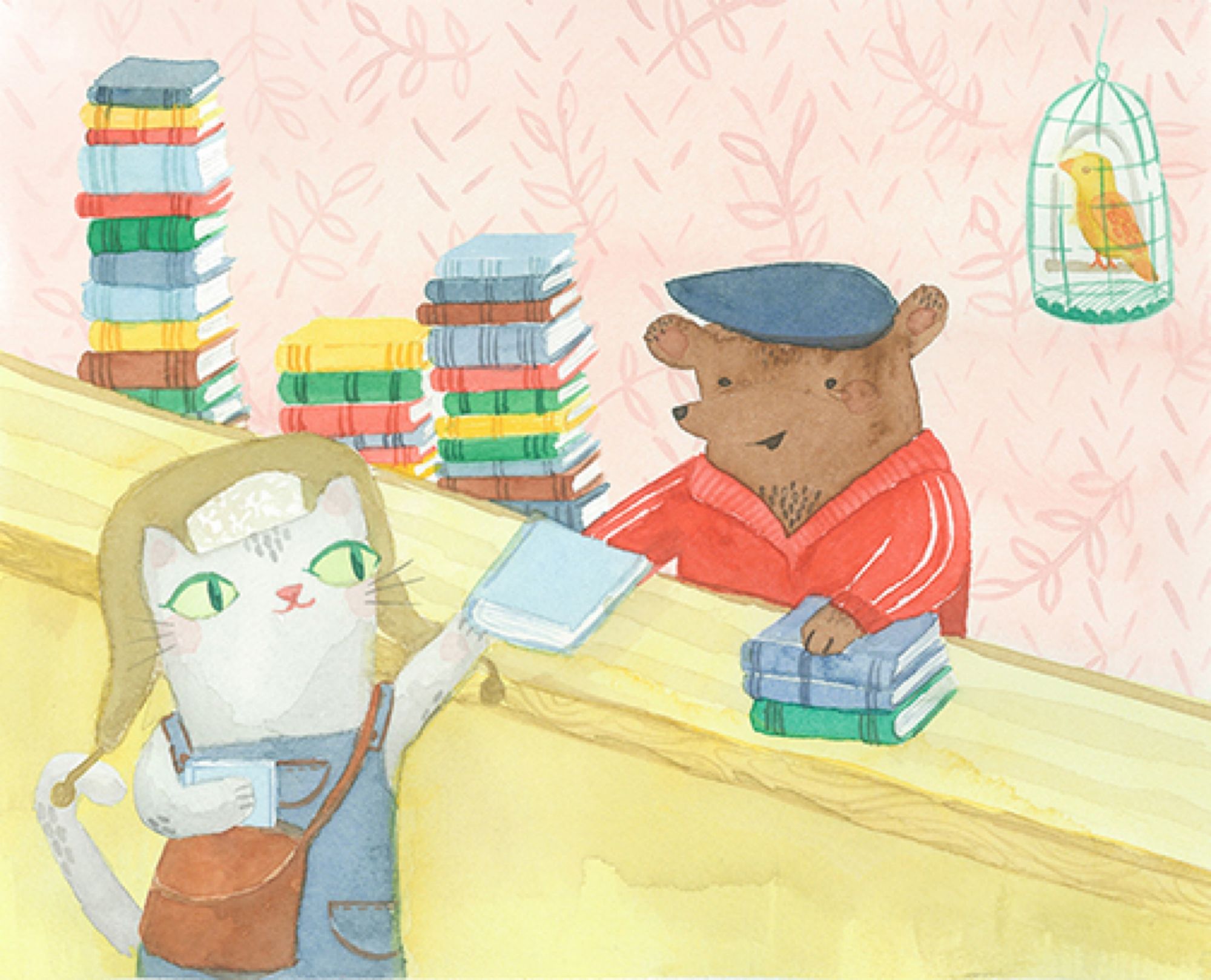 Colourful watercolour illustration of an anthropomorphic cat at a bookstore buying books from a bear bookstore owner.