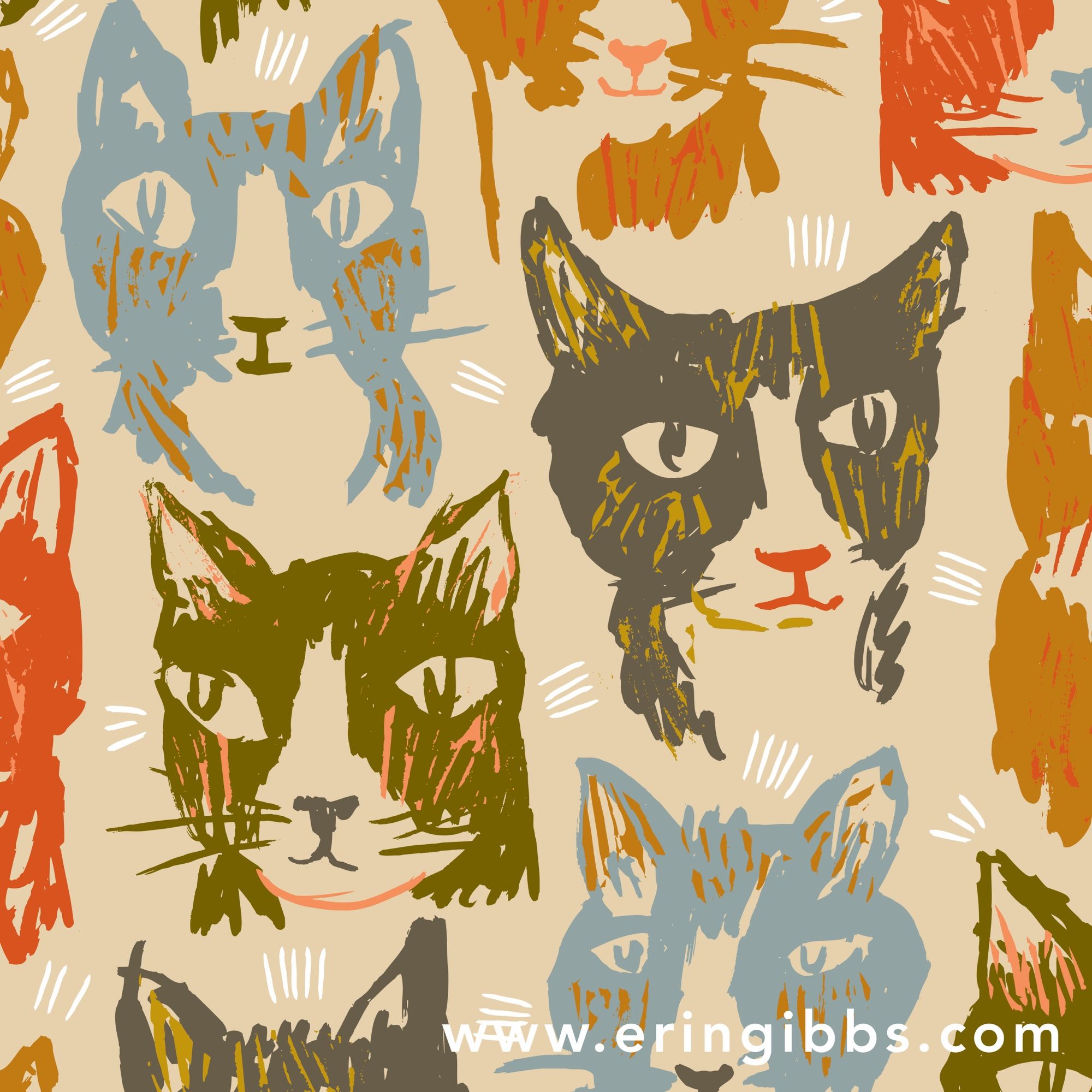 Textural multicolour illustrated cat faces. 