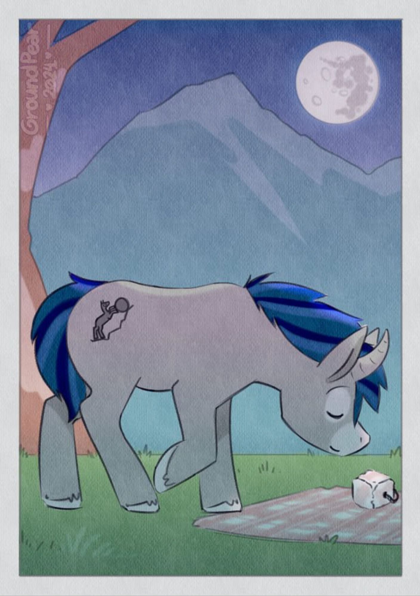 The image shows a mule-unicorn with a gray coat and blue-streaked mane and tail, standing in a peaceful outdoor setting at night. The pony has a cutie mark depicting a stylized pony rolling a rock uphill, indicating a connection to Albert Camus. The unicorn is near a small salt block on a picnic blanket, under a large tree. In the background, there is a mountain range and a moon with an image resembling the silhouette of an alicorn, likely Princess Luna, a character from "My Little Pony". The scene is calm and serene, with a sense of tranquility under the night sky. The image is watermarked GroundPear 2024