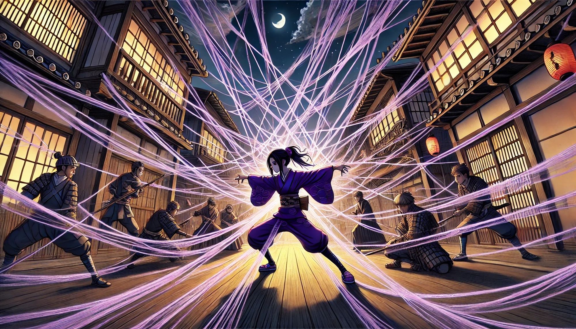 A 16-year-old girl wearing a purple ninja outfit is attacking warriors using threads spread in all directions. The threads radiate outward, creating a complex web-like pattern. The setting is in the middle of an Edo-period street in the heart of Edo (Tokyo) during the Edo era, with traditional Japanese architecture and street details like wooden buildings, lanterns, and people in period-appropriate attire. The scene has a dramatic and intense feel, rendered in the color style of a period drama manga. The overall image is dynamic and action-packed, in a wide horizontal format.