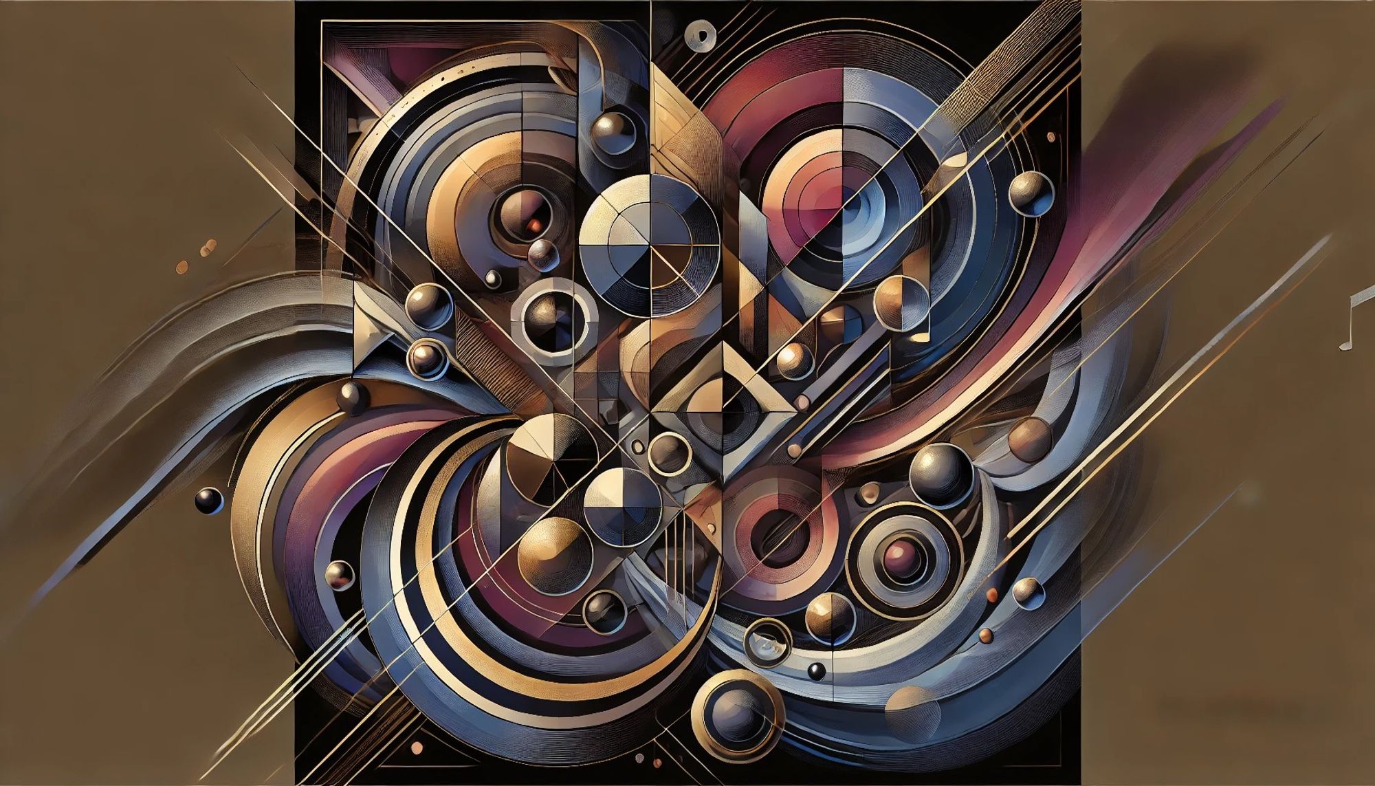 An abstract geometric art inspired by Tchaikovsky's Symphony No. 5. The design features dynamic shapes like circles, triangles, and squares intertwined with flowing and sharp lines, representing the dramatic and emotional shifts of the music. The color palette includes rich, deep hues like dark blues, purples, and golden accents, with some soft gradients and bold contrasts to evoke the grandiosity and elegance of the symphony. The composition is fluid yet structured, with movement that mimics the rise and fall of orchestral waves, capturing the tension and release of the piece.