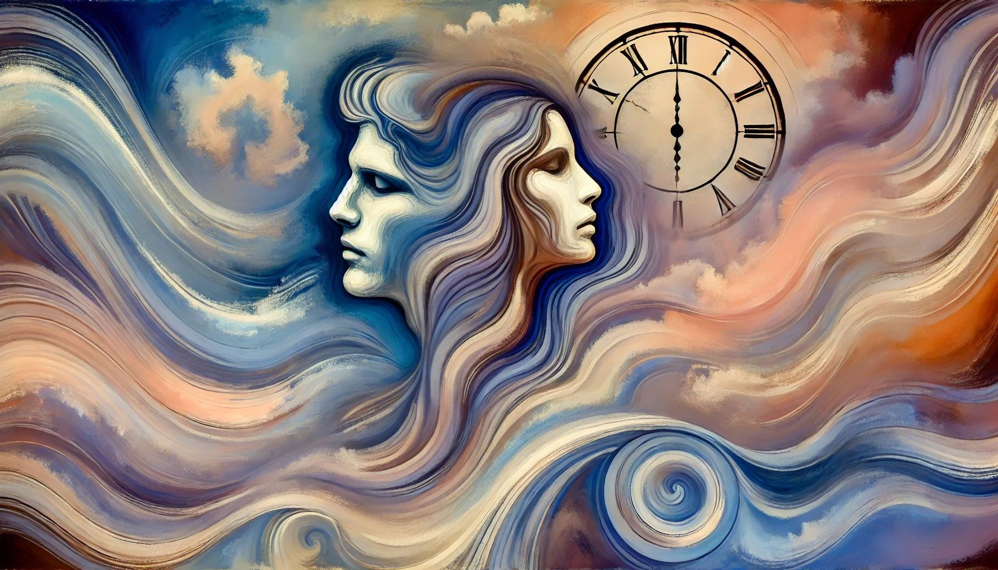 A modern art interpretation from the 20th century of two figures, a man and a woman, floating together through time. The scene is abstract, with flowing, distorted forms blending into a fluid, dreamlike background. The figures themselves are not clearly defined, but their presence is suggested through soft, overlapping lines and color gradients. The passage of time is represented by swirling clocks or rhythmic patterns in the background, blending seamlessly with the figures, evoking a sense of drifting. The color palette is soft but dynamic, with a mix of blues, purples, and warm earth tones.