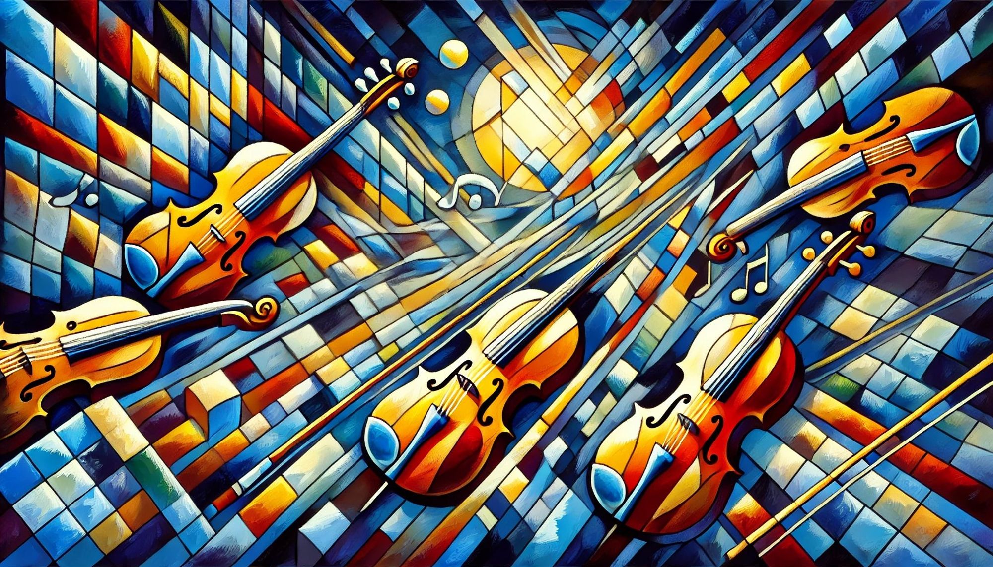 A cubist interpretation of Mozart's 'Eine Kleine Nachtmusik,' with angular, abstract forms that evoke the rhythm and flow of classical music. Bright, fragmented shapes represent violins, cellos, and other string instruments, layered geometrically. The color palette includes vivid blues, yellows, and deep reds, capturing the lively and dynamic mood of the piece. The background features a night sky with fragmented moonlight, symbolizing the title 'Night Music,' while sharp, overlapping patterns convey the interplay of melody and harmony in a cubist style.