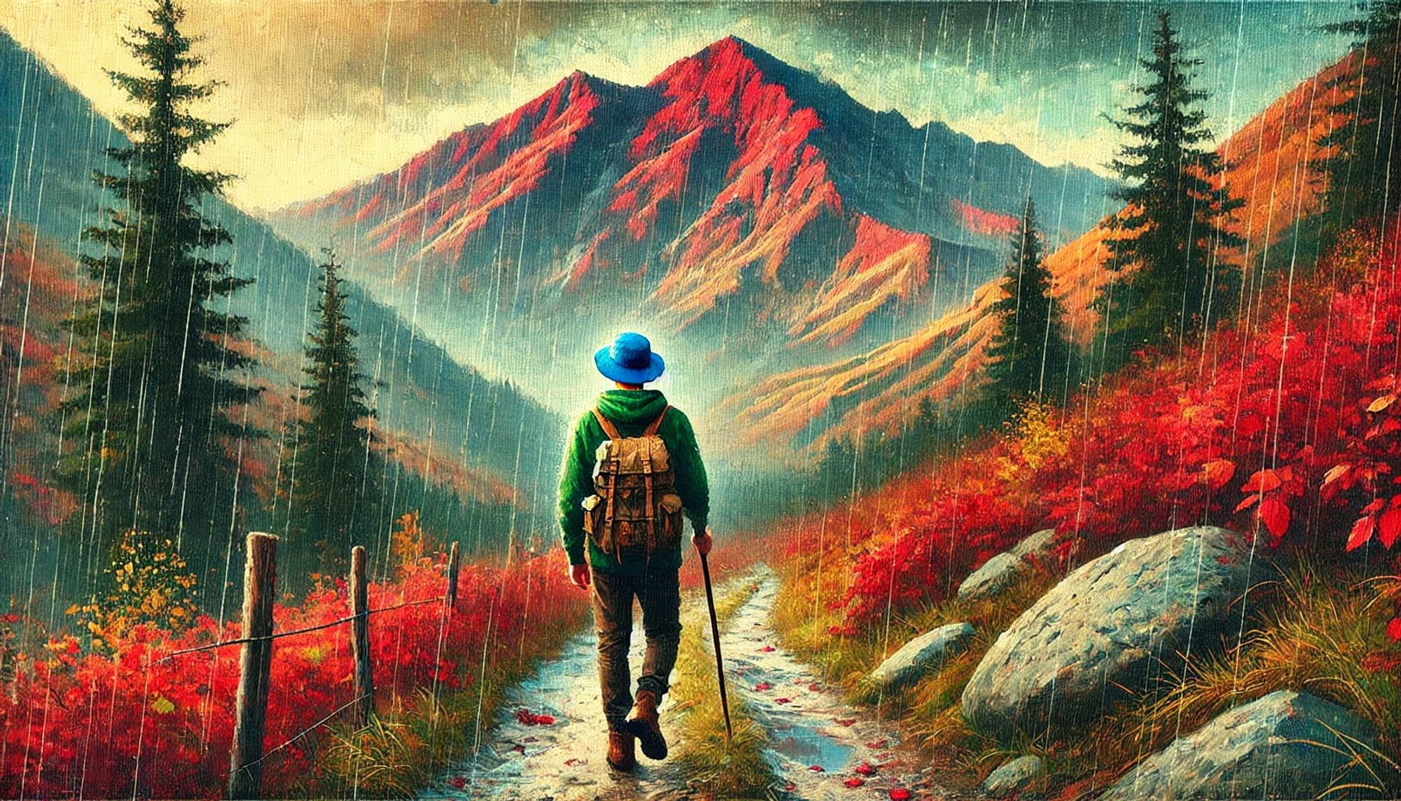 A young man walking on a mountain path in the rain during autumn. The mountain is painted in rich shades of red and yellow from the fall foliage. The young man is wearing a blue hiking hat, a green hoodie, and brown hiking boots. The scene is depicted with an oil-painting-like texture, emphasizing a natural and rustic feel. The atmosphere is moody with rain softly falling, and the whole composition feels serene and connected to nature.