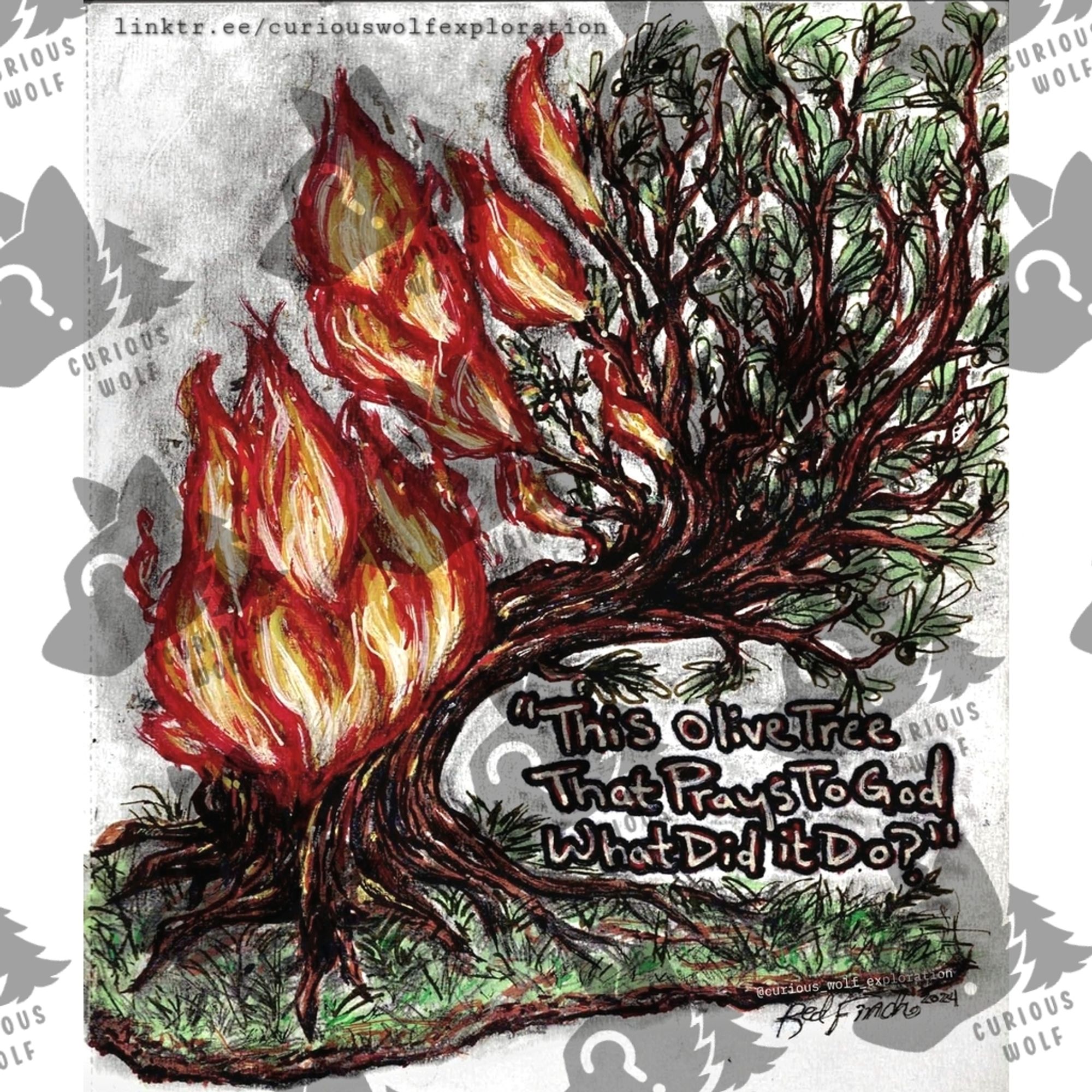 Olive tree in flames - quote from "5 broken cameras" a documentary with film starting in 2005 (that you can watch for free on youtube ) of a Palestinian who lives in a small farming town called Bil'in. documenting the start of the Israeli occupation in his town located in the West Bank

Materials Used: Pencil, Colored Pencil, Posca Marker, pen