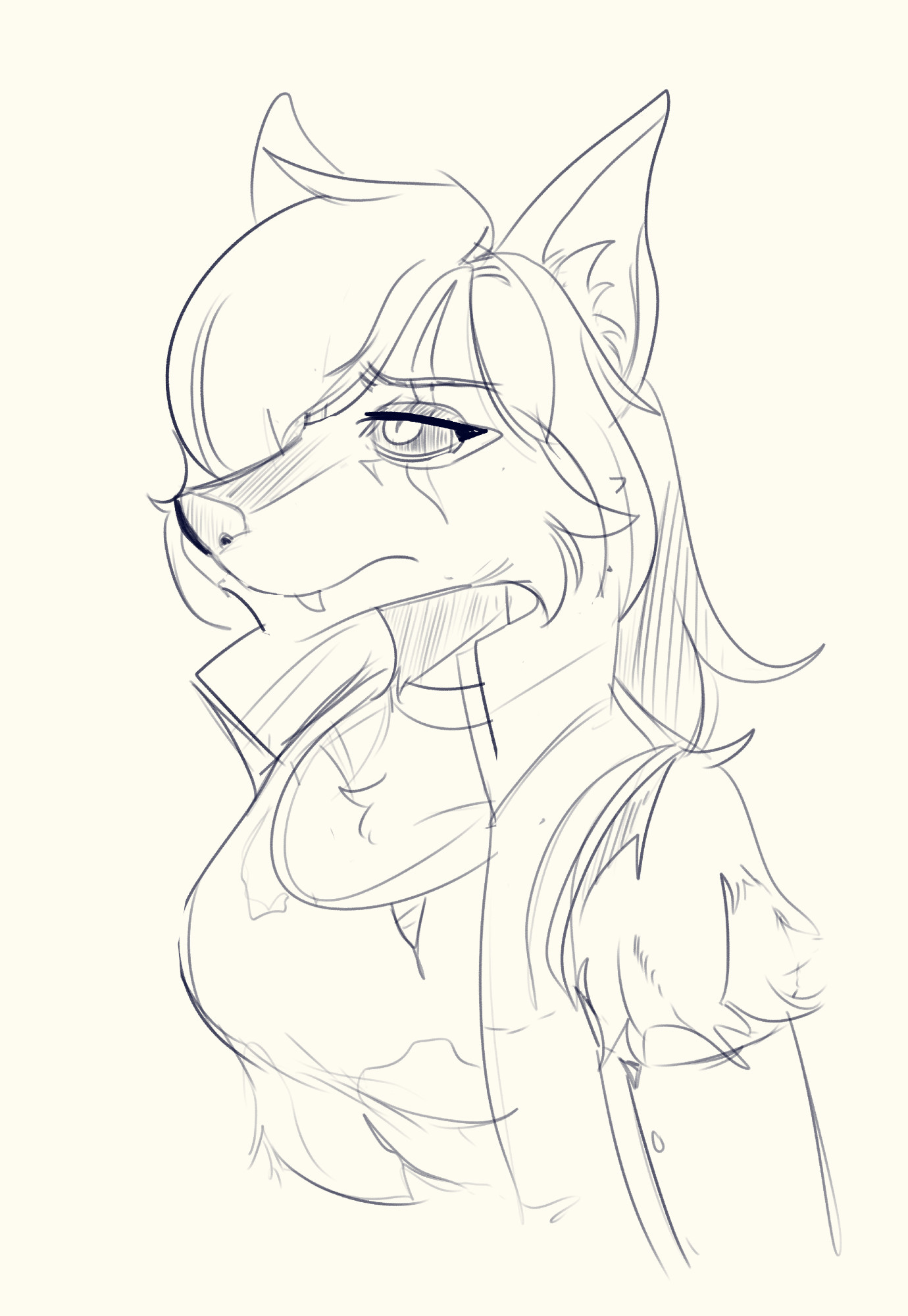 A digital pencil sketch of an anthro snow fox named Ivy. She has long hair covering their right eye and long hair in the back. She has a scar on her left eye. She is wearing a sleeveless jacket and a worn down tank top with tears in it. Her left shoulder and left metallic arm are being showcased from the 3/4th angle. She is looking upward with a furrowed brow.