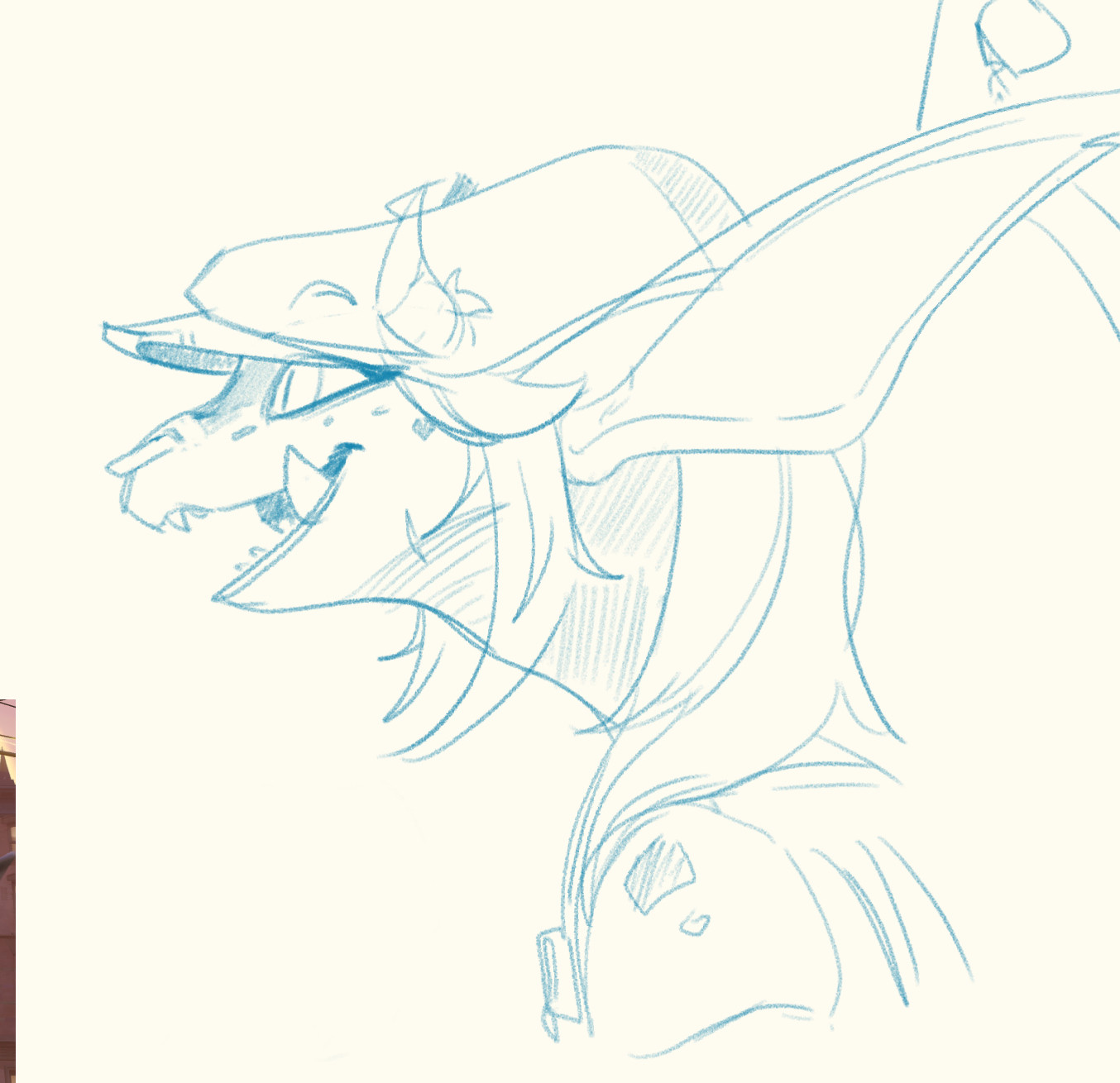 A sketch of Ivy from Deadlock from the profile view. She's smiling with an open mouth.