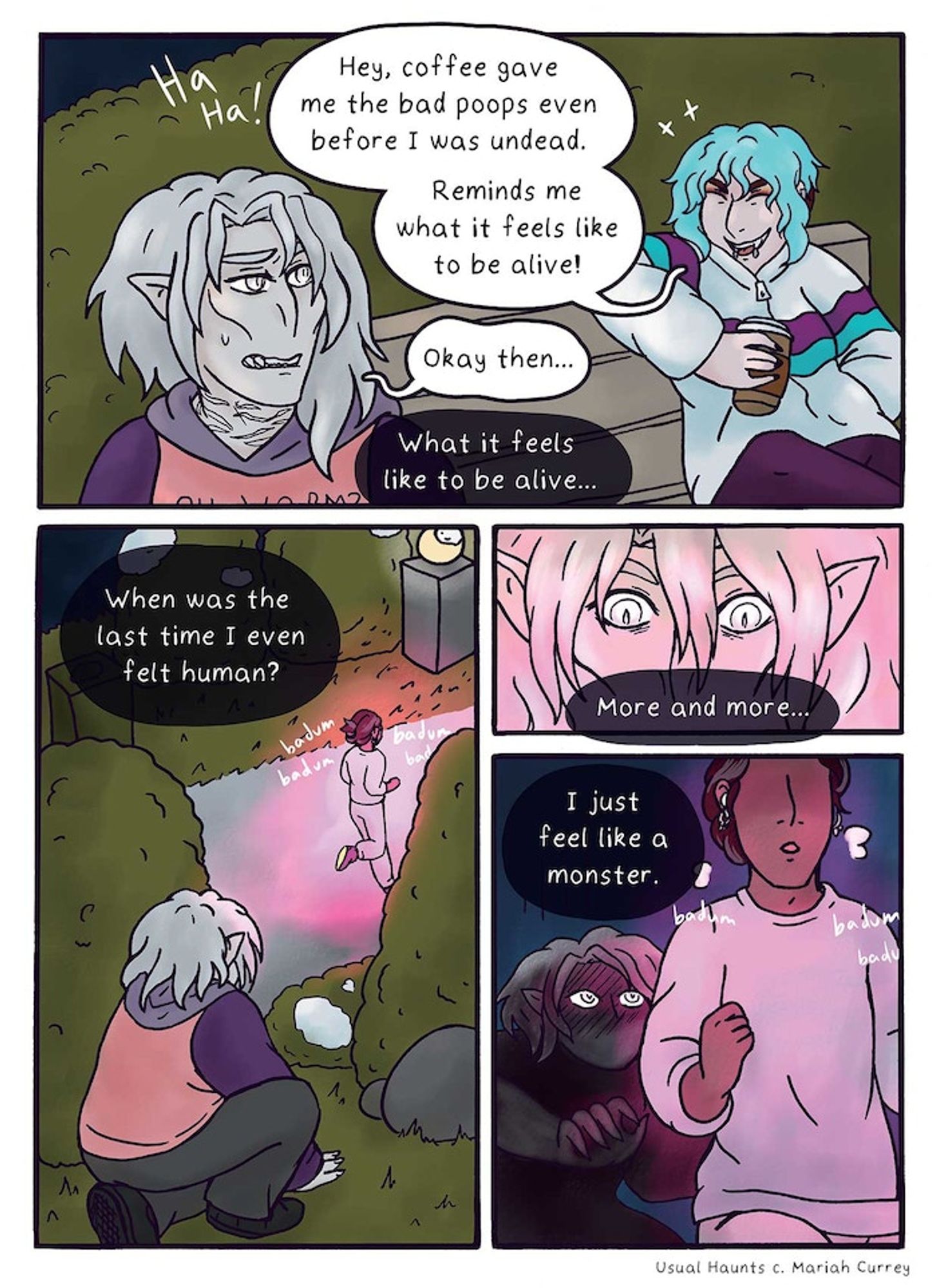 A comic page of Usual Haunts. Mathilde, a grey haired, gobliny looking vampire stalks a midnight jogger and thinks about how more and more she feels less human and more like a monster.