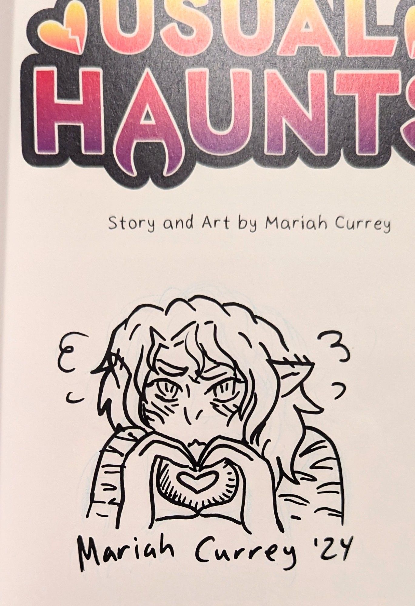 Usual Haunts signature doodle. Shy Mathilde does a heart hands 🫶