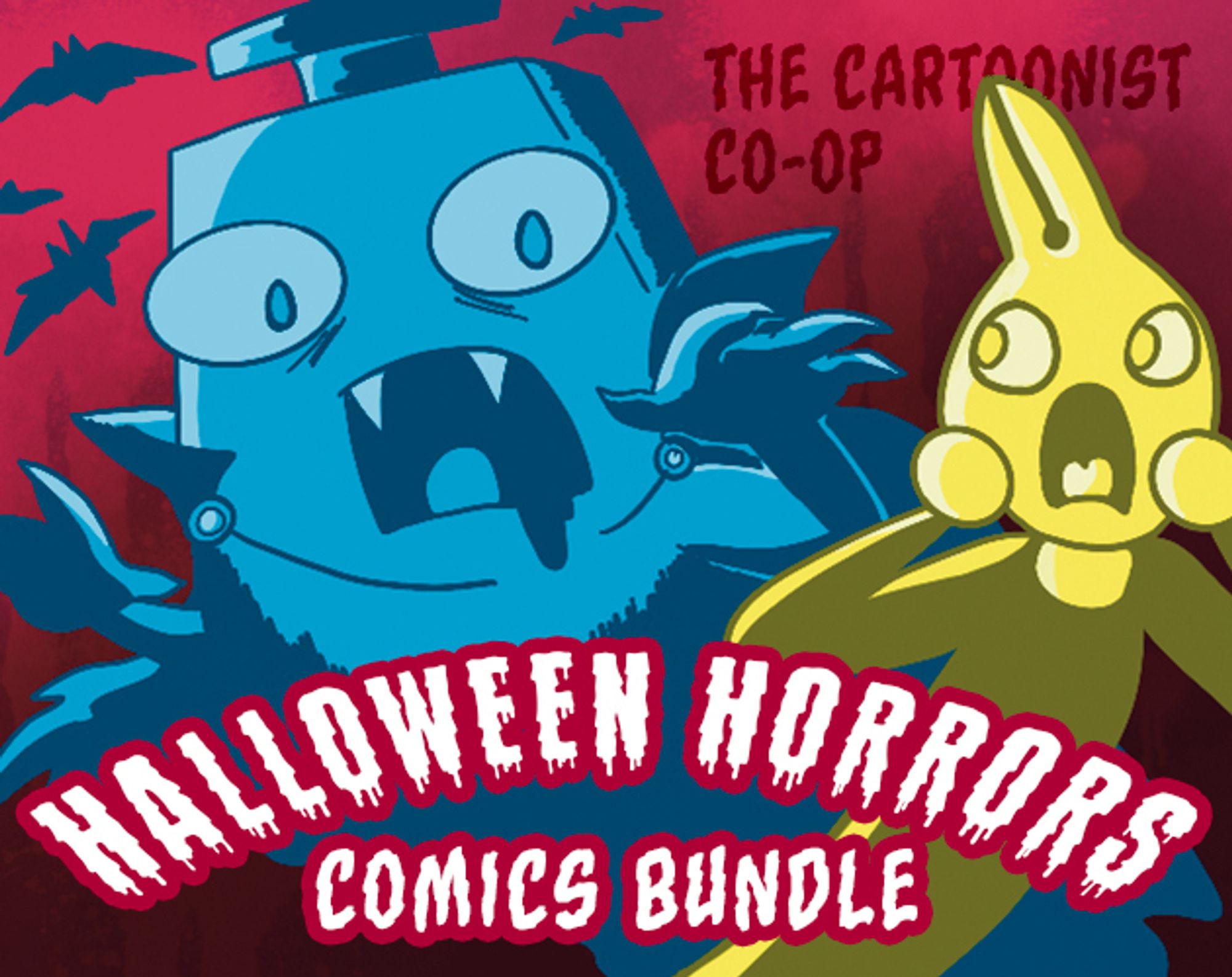 Bundle promo images. Text: the Cartoonist Co-op Halloween Horrors comics bundle. Image: co-op mascots Inkling and Nibford drawn as if on a Hammer Horror poster. A vampire Inkling menaces a terrified Nibford. Art by @mariahcurrey (me)