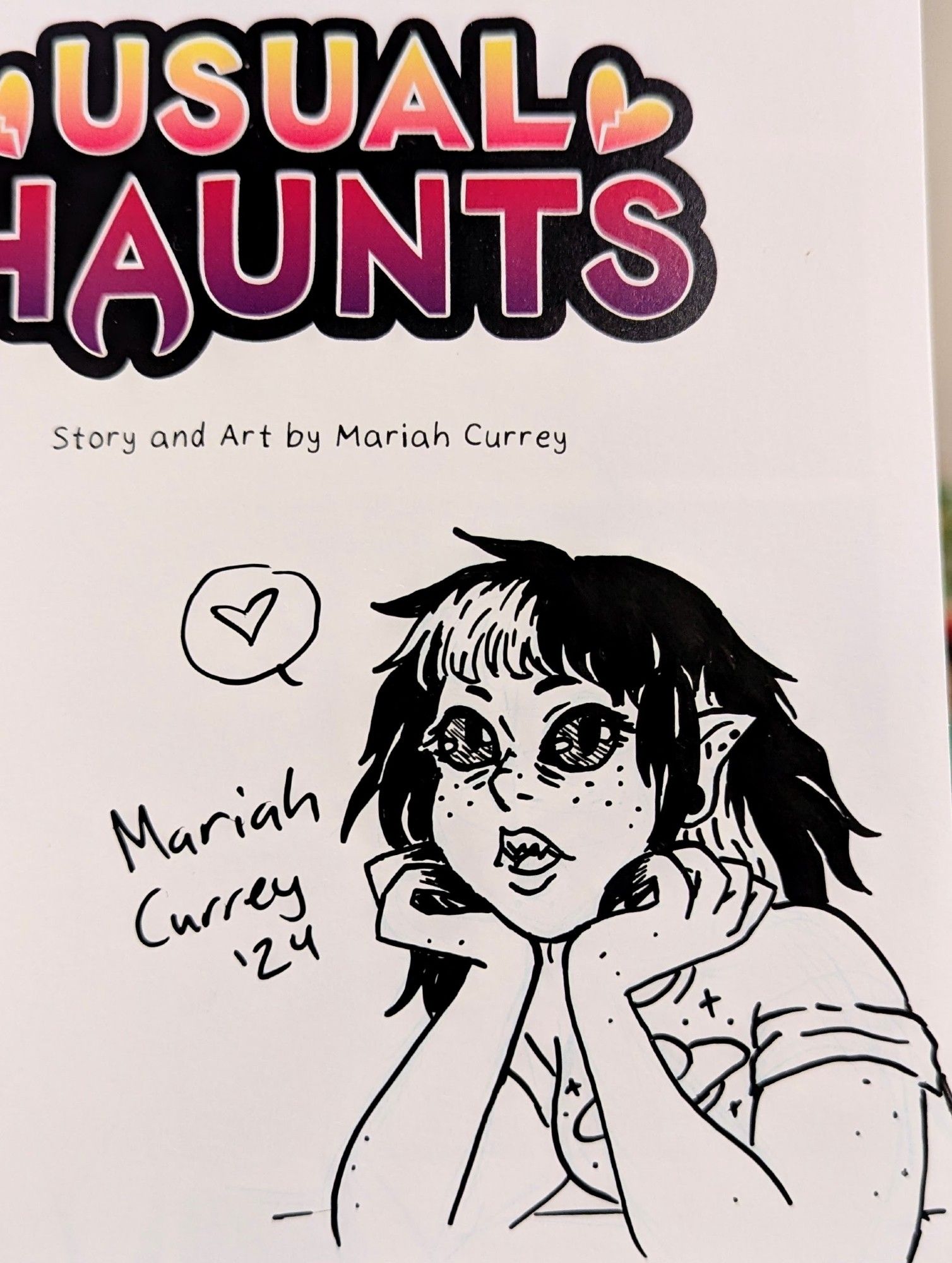 Usual Haunts signature doodle. Lil punky vampire goblin Marisol leans on her elbows, chin in her hands.