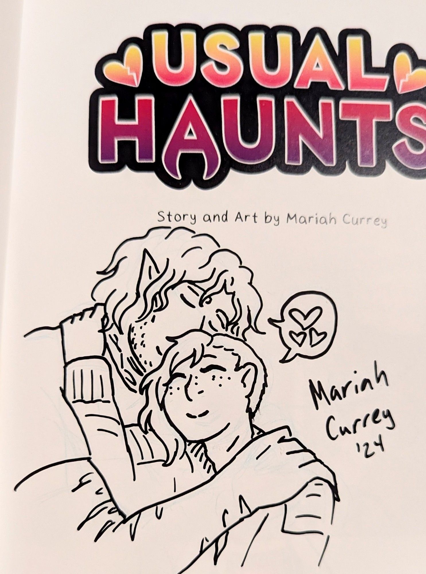 Usual Haunts signature doodle. Big boy Lucas and Claire embrace cutely.