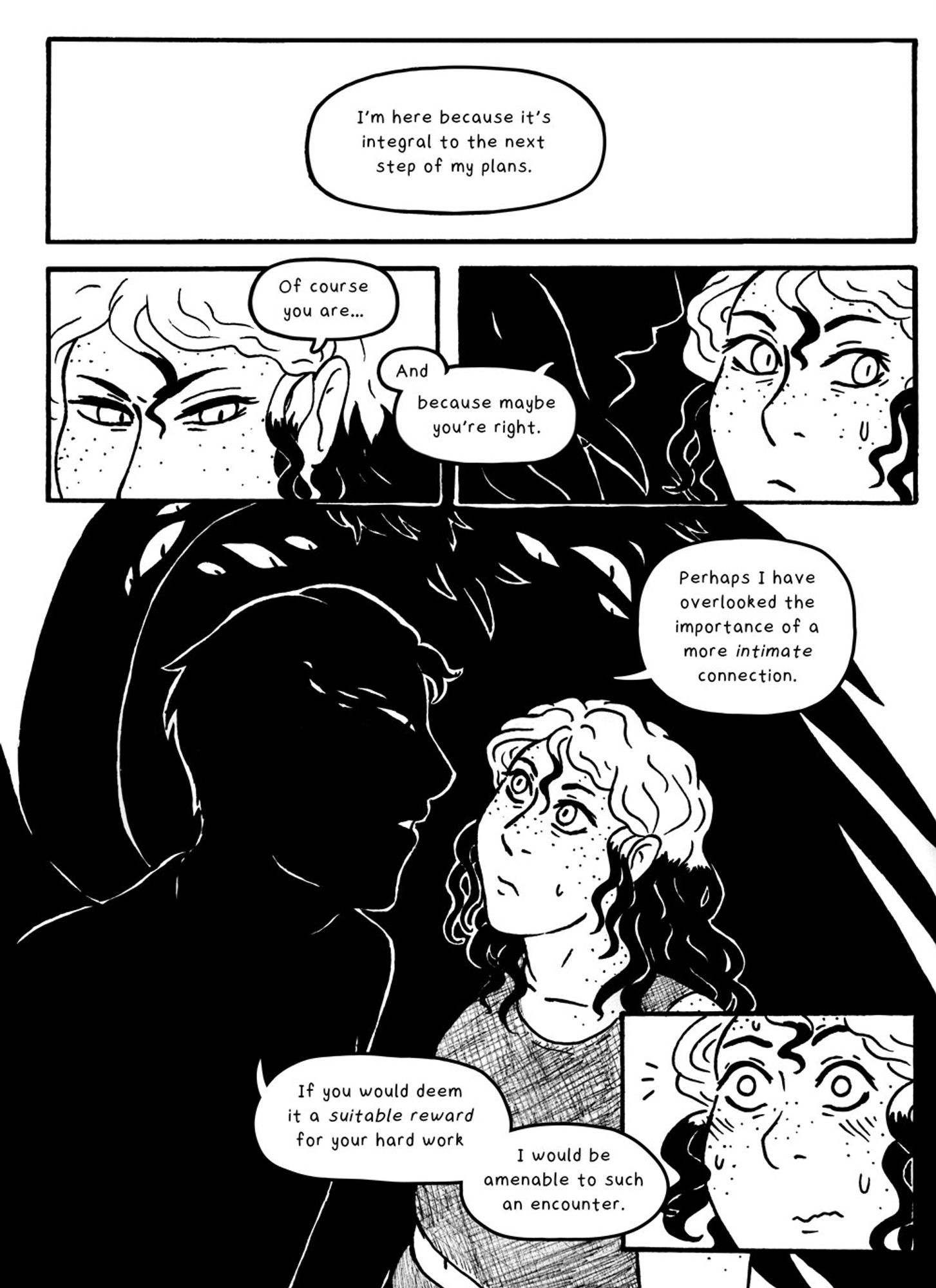 A comic page of Against Our Better Angels. Jehudiel, a shadowed, biblically accurate vampire looks over Faith and makes a circuitously worded proposal that causes Faith to blush.