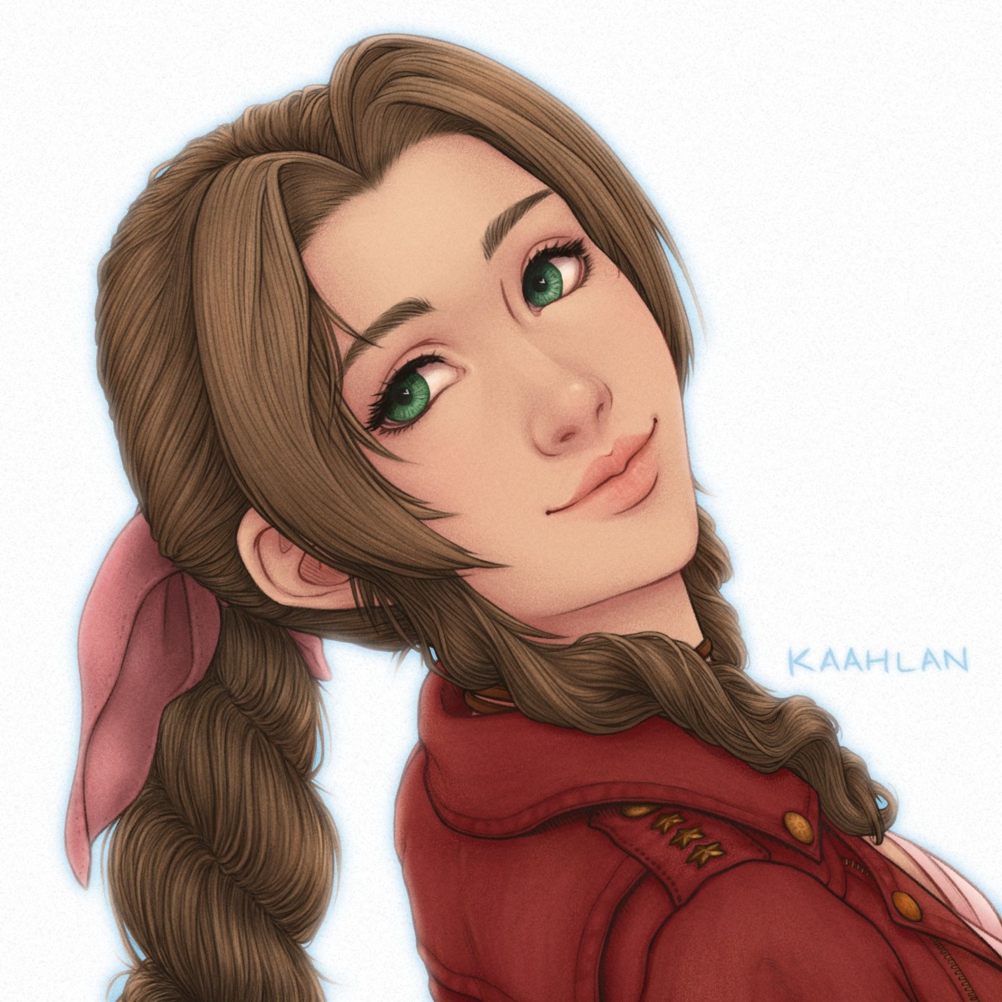 Portrait drawing of Aerith from Final Fantasy 7, looking back over her shoulder towards the camera, with a dreamy white background.