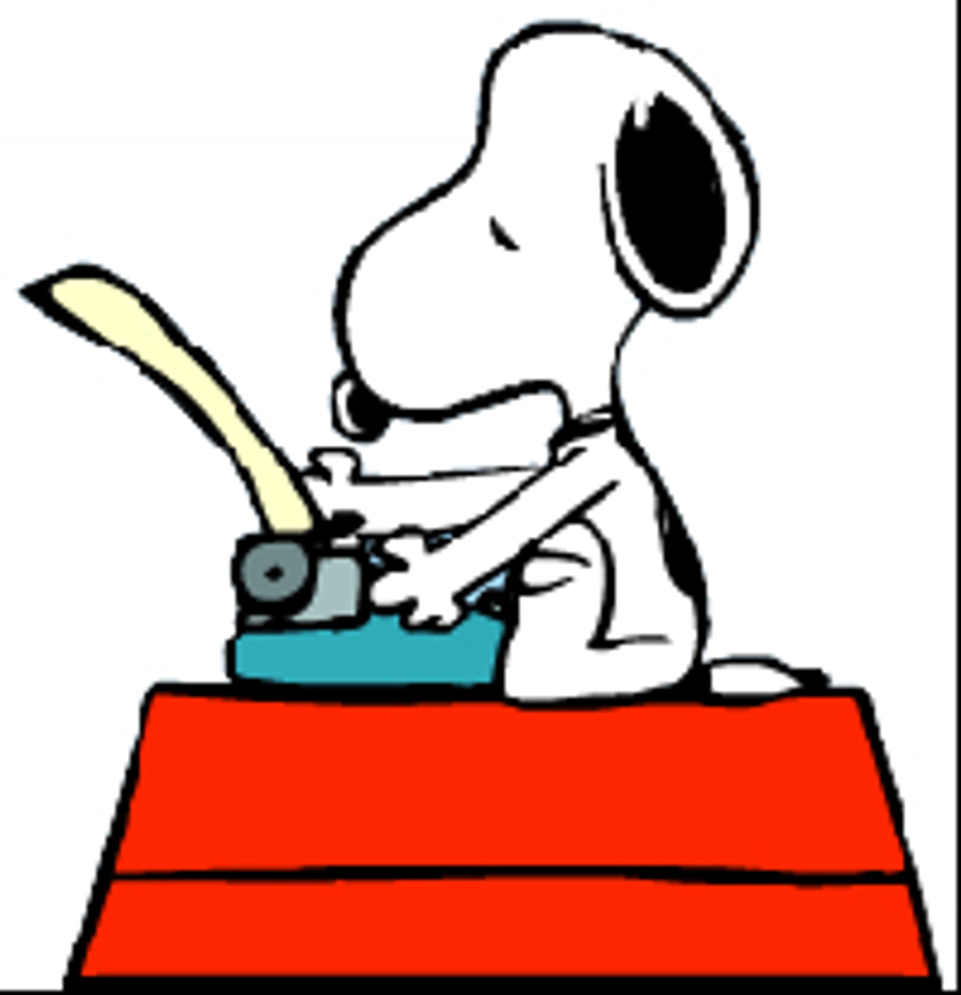 Snoopy, atop his kennel, loading a clean sheet of paper into his typewriter, ready to start typing a new story.