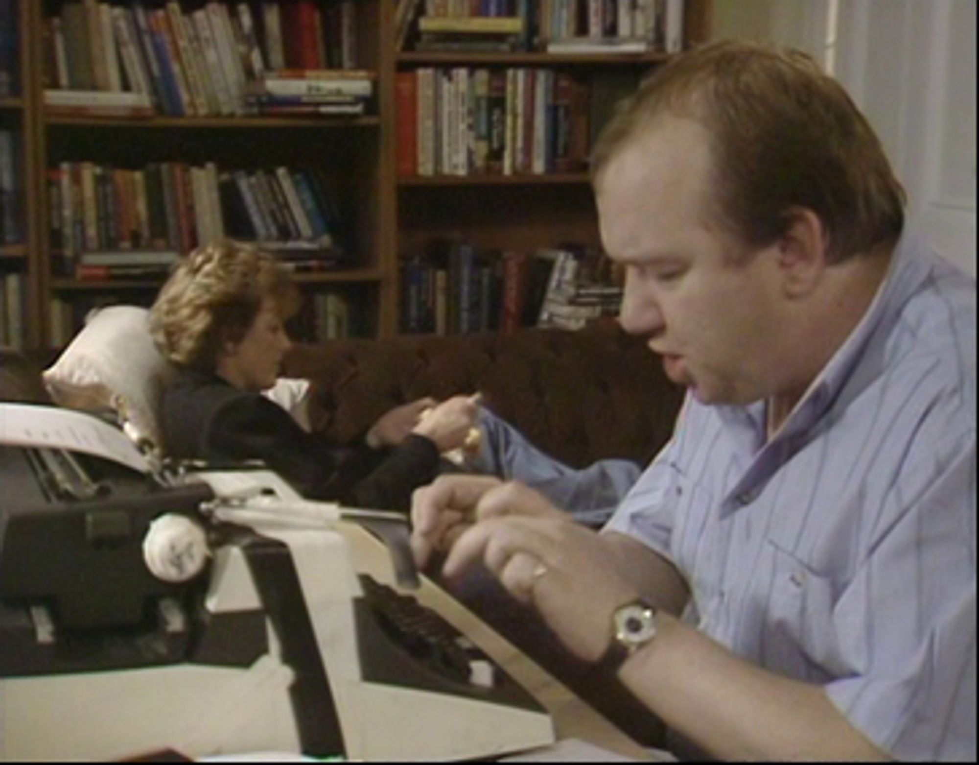 A still from the TV series Colin’s Sandwich, showing Colin (played by Mel Smith) at his typewriter, writing his latest story.