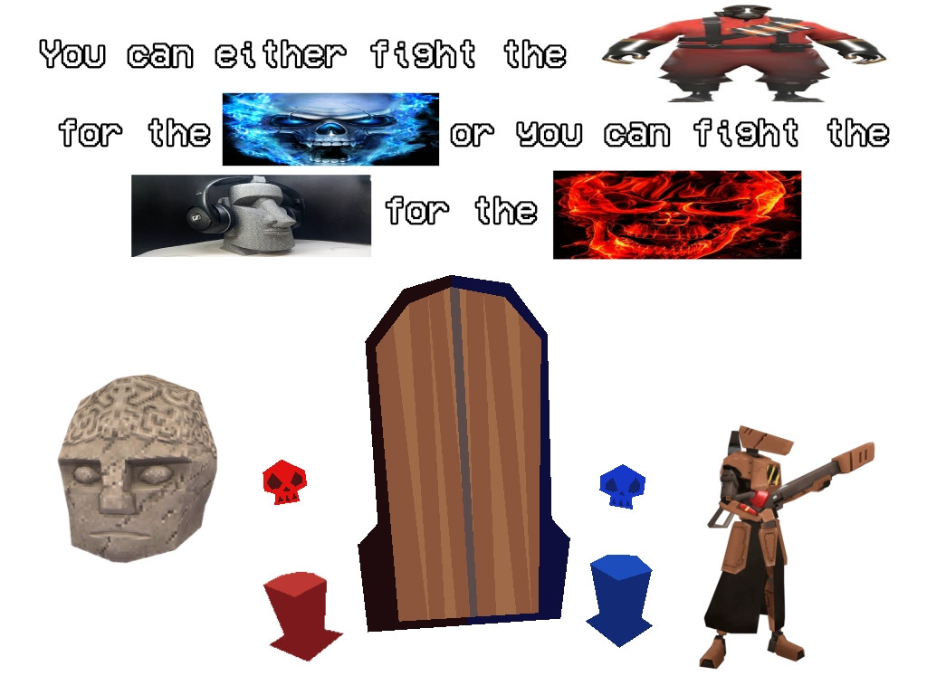 The red and blue gate from the level Halls of Sacred Remains (1-3) from ULTRAKILL is guarded by a Malicious Face (left) and Streetcleaner (right). The caption reads "You can either fight the [Pyro from TF2] for the [Blue Skull] or you can fight the [Moai Statue] for the [Red Skull]", a reference to a line from Parkour Civilization by Evbo.