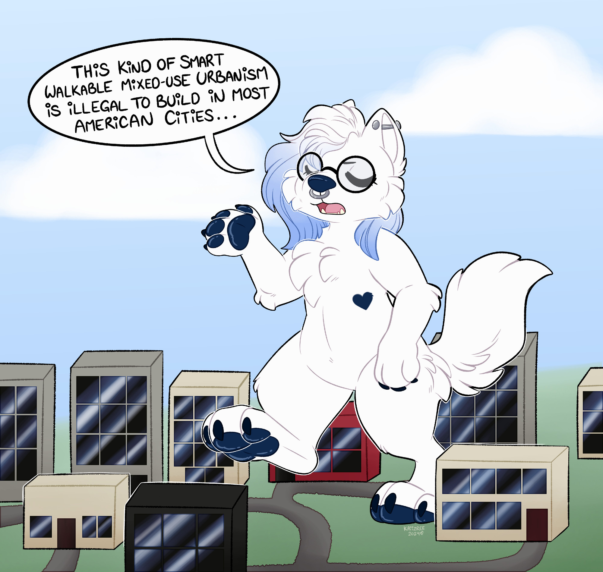 A macro wolf walking through a cityscape saying "This kind of smart, walkable, mixed-use urbanism is illegal to build in most american cities..."