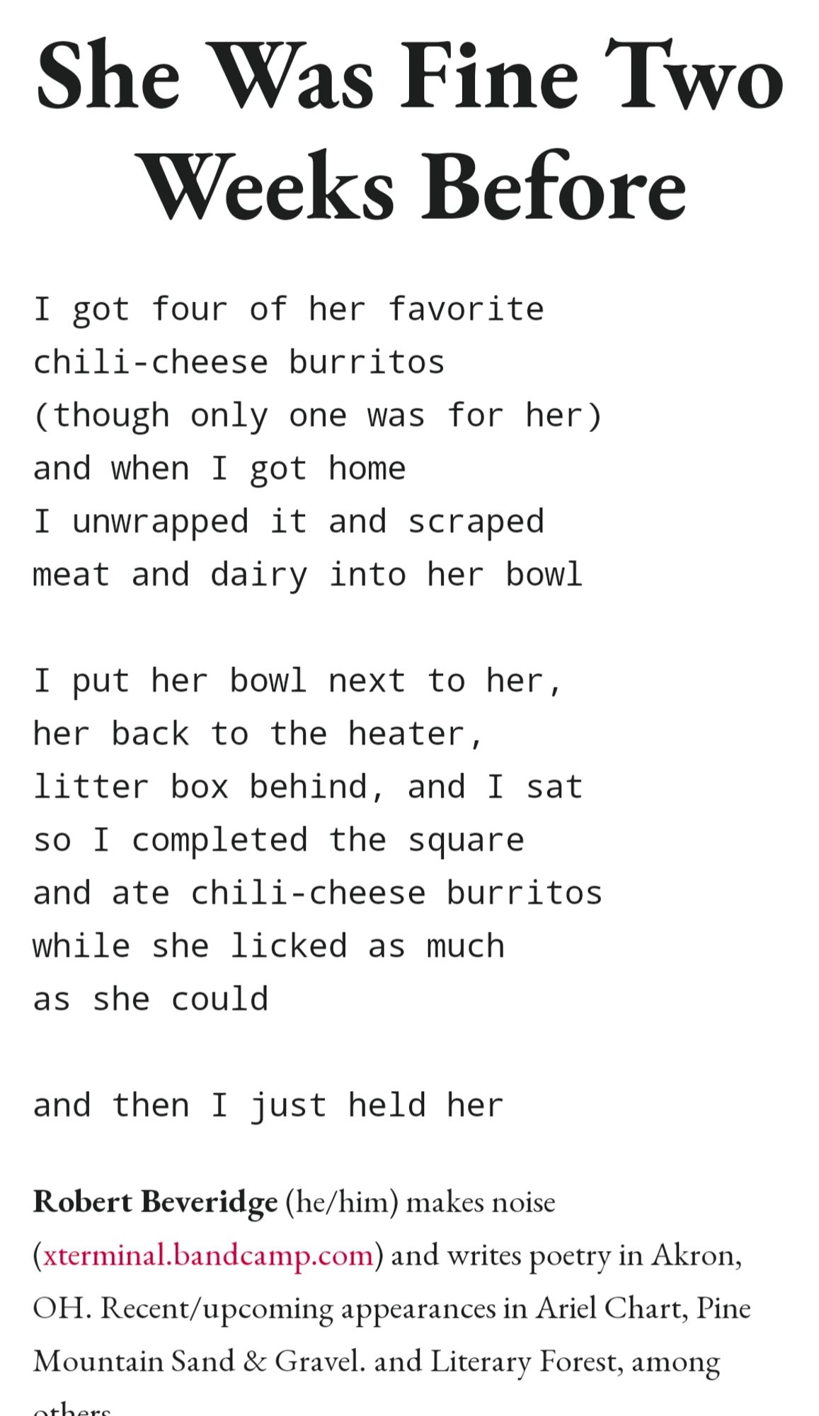 She was fine two weeks before

I got four of her favorite chili-cheese burritos (though only one was for her) and when I got home
I unwrapped it and scraped meat and dairy into her bowl I put her bowl next to her, her back to the heater,
litter box behind, and I sat so I completed the square and ate chili-cheese burritos while she licked as much as she could

And then I just held her

Robert Beveridge (he/him) makes noise (xterminal.bandcamp.com) and writes poetry in Akron, OH. Recent/upcomning appearances in Ariel Chart, Pine Mountain Sand & Gravel. and Literary Forest, among