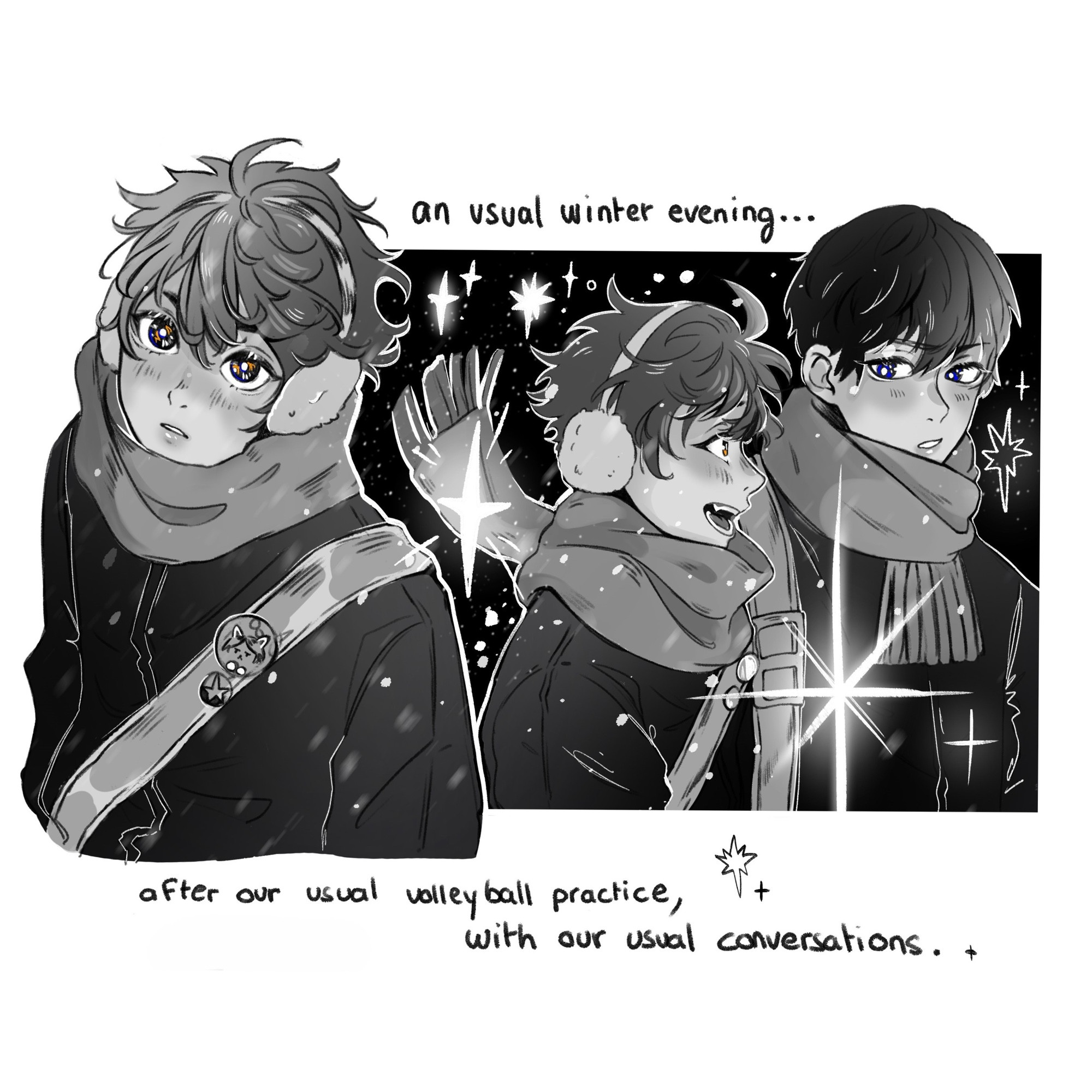 The illustration features two male characters, Kageyama and Hinata, walking together in the winter. On the left, a close-up of Hinata is shown, with soft, wavy hair and earmuffs, wearing a thick scarf. His large, expressive eyes look to the side, reflecting subtle emotions. Snowflakes lightly fall around him, and a decorative pin is attached to his bag strap. To the right, a second panel shows both Hinata and Kageyama walking side by side. Hinata is smiling and talking excitedly, while Kageyama listens calmly. Kageyama’s face is more serious, with dark hair and blue eyes, dressed warmly in a scarf. Sparkling star-like lights are scattered across the image, enhancing the atmosphere. The text reads: “an usual winter evening… after our usual volleyball practice, with our usual conversations.”