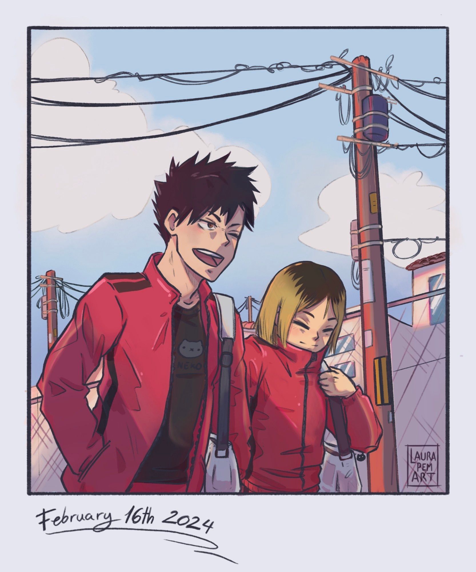 Kuroo and Kenma from Nekoma walkin home with the red uniform and a sunstet in the street