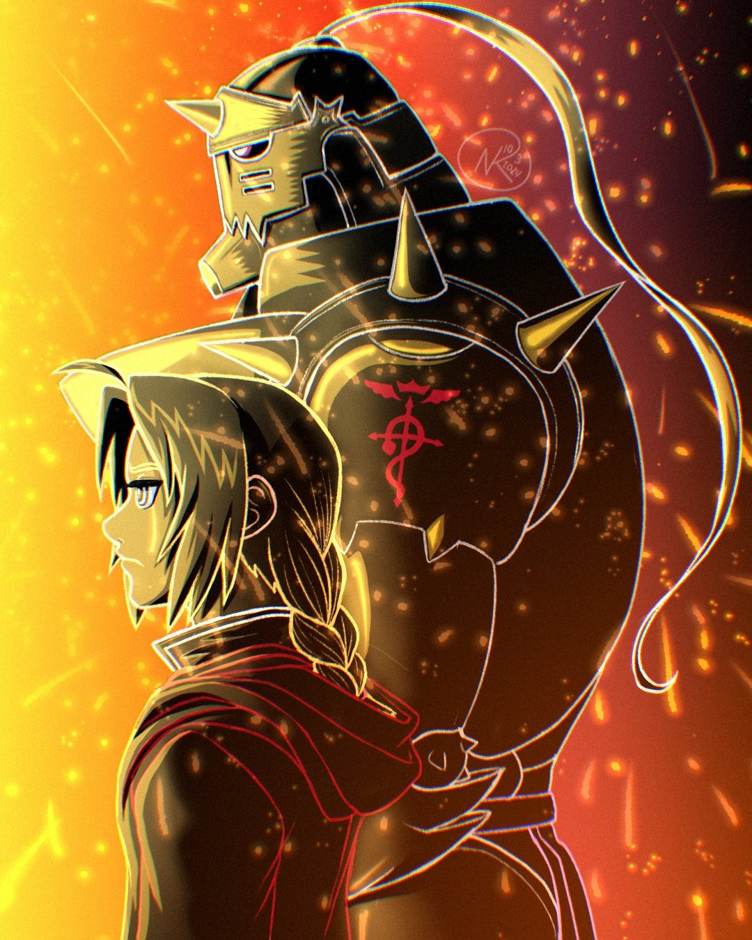 Up close view of Edward and Alphonse Elric facing the left side of the picture, where their childhood home is off-screen that they had set on fire and there are glowing embers everywhere. Happy October 3rd! Don't forget.

Art Digital Artist NamoriKimblee Fullmetal Alchemist Hero Canon Character Bsky Bluesky 2003 03 2024 