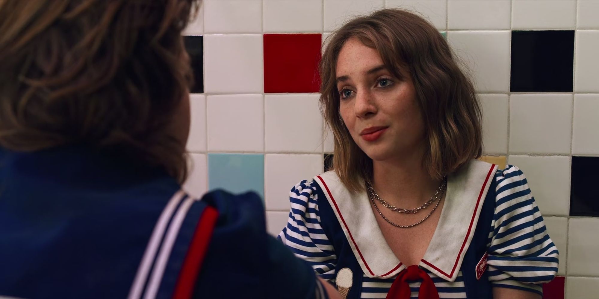 The character Robin Buckley from Stranger Things. I forget if this is THE bathroom conversation scene or if there were several? Anyway if you know you know, I got completely blindsided by it.