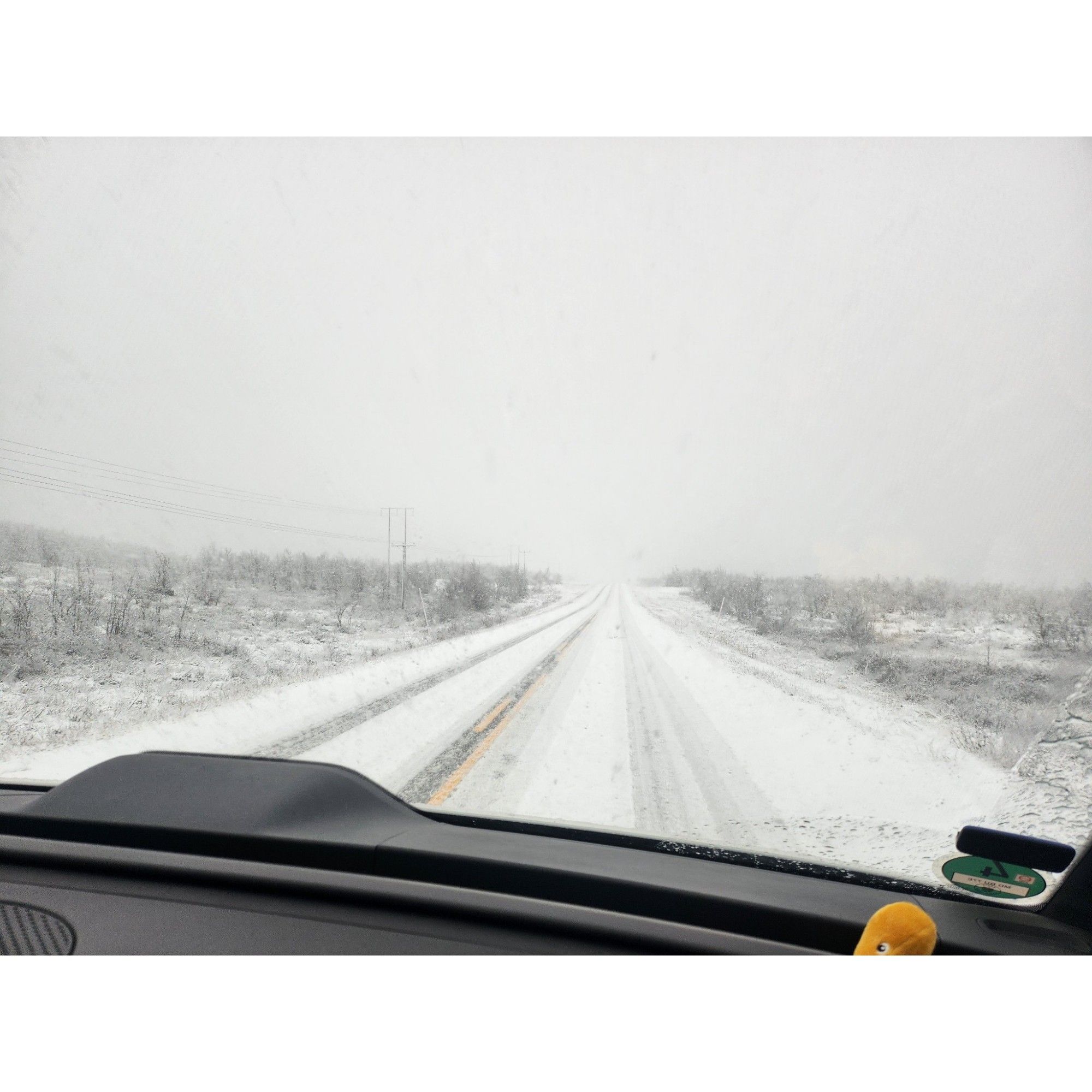 Der Blick aus dem Auto. Eine schneebedeckte Straße.