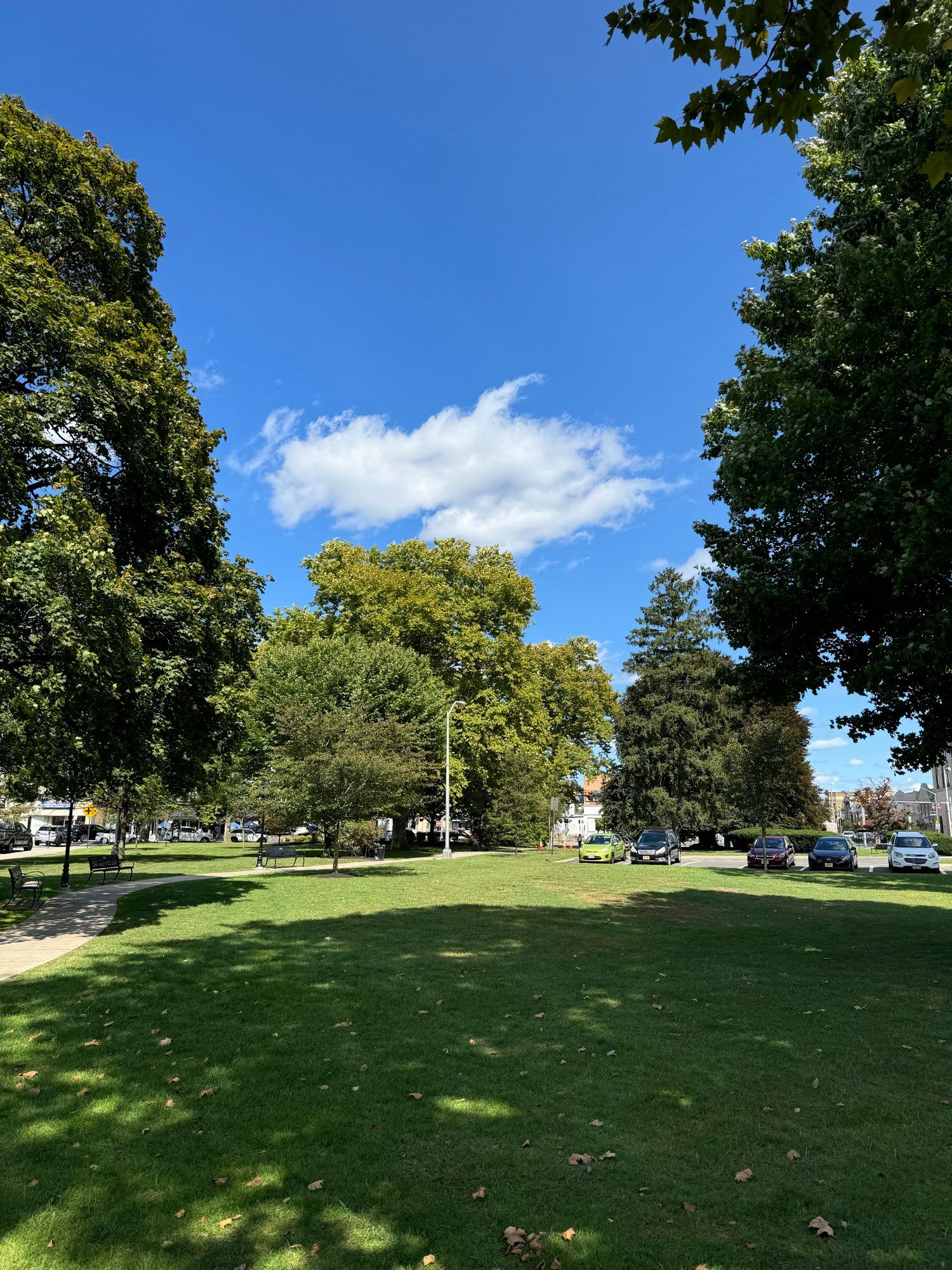 Veterans Memorial Park in Westwood, New Jersey, seen on a blue-sky summer day. Shade covers most of a lawn, and a large patch of blue sky, framed by massive trees, contains one irregularly shaped cloud. Cars can be seen at the parking lot for a train station off screen, and buildings in downtown are peeking through the trees along the rear of the photo.