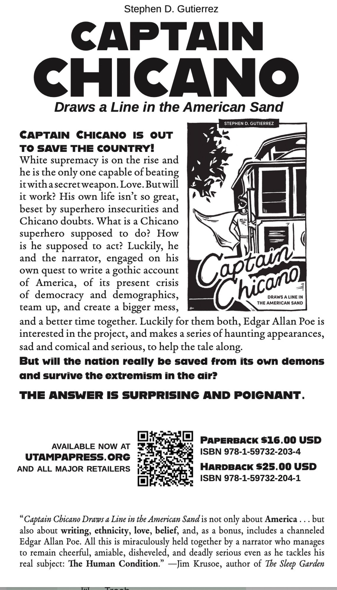 Ad for Captain Chicano Draws a Line in the American Sand by Stephen D, Gutierrez, with Captain Chicano in bold large print, text describing it, and a picture of the b&w cover with a superhero hanging from the door of a San Francisco trolley