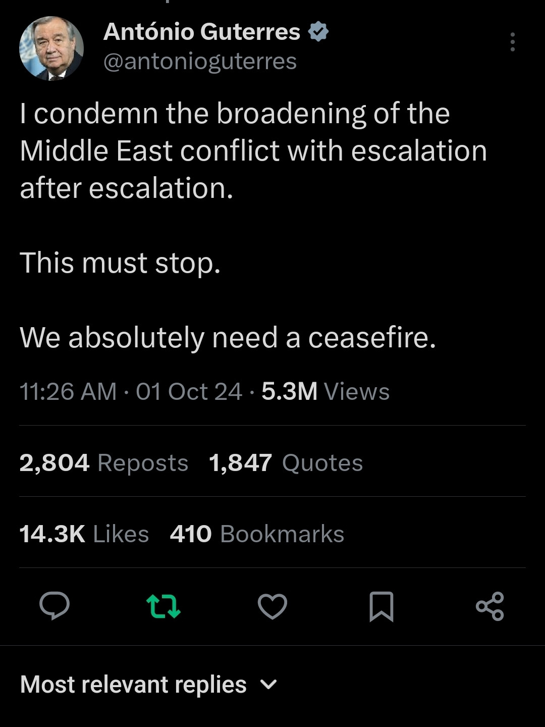 I condemn the broadening of the Middle East conflict with escalation after escalation.

This must stop.

We absolutely need a ceasefire.