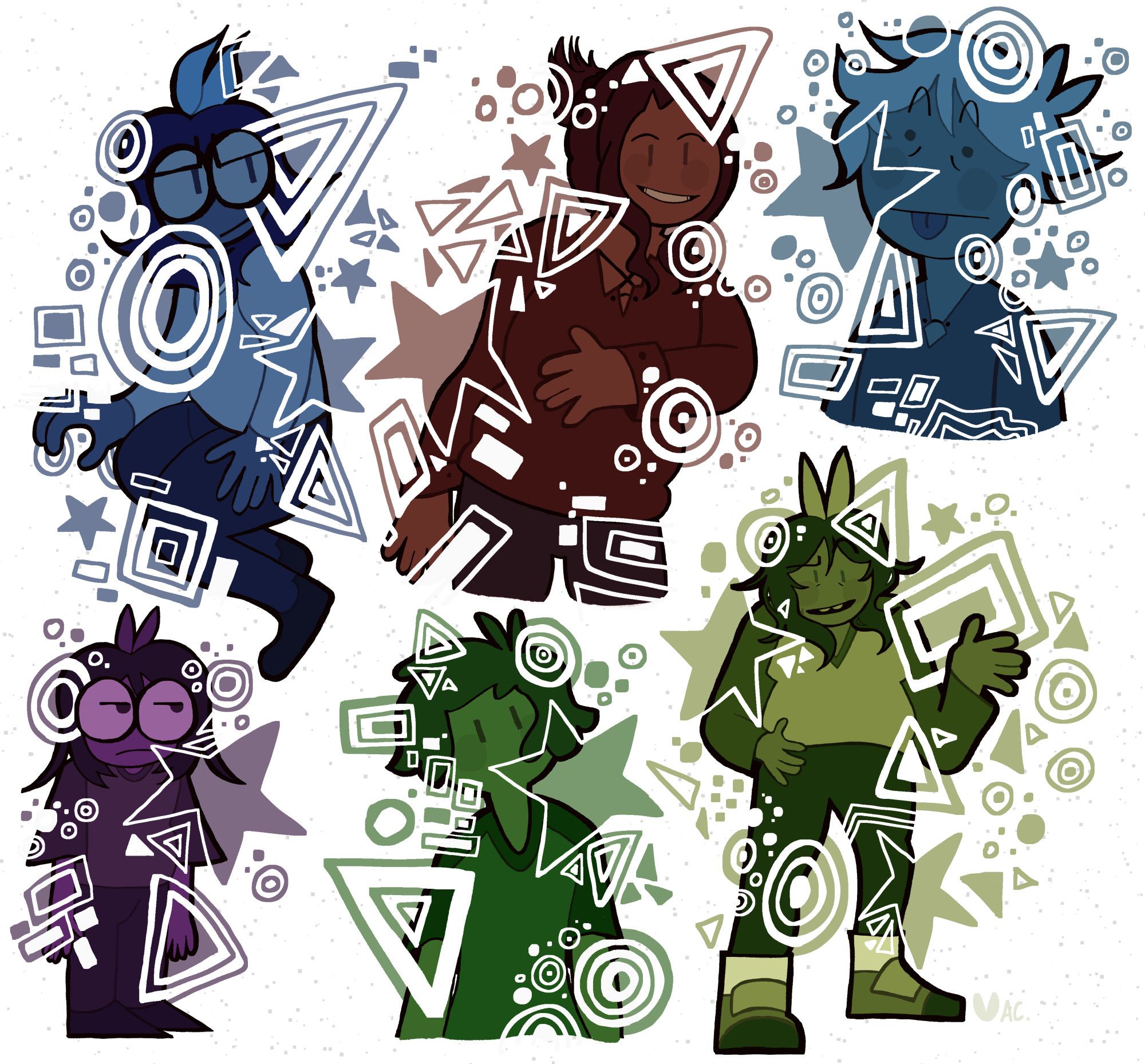 a series of poses and characters wrapped in outlines of shapes