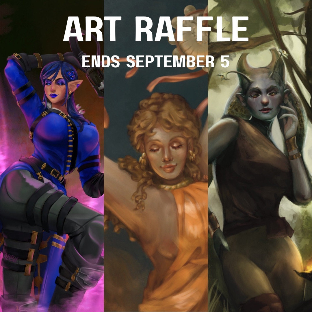 Art raffle entries should be submitted by September 5 - image shows pieces of three halfbody rendered characters 