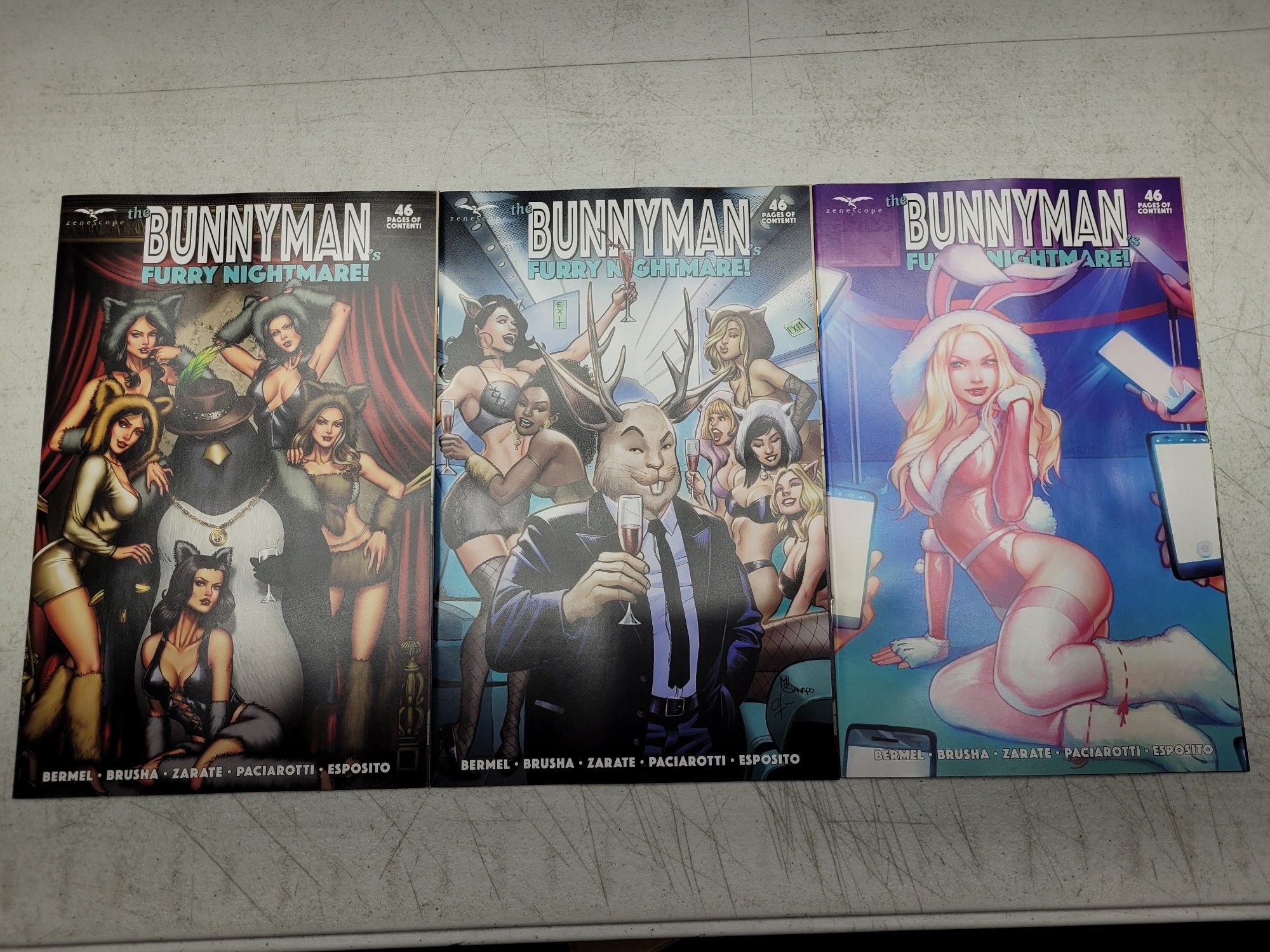 Three sexy variant covers for the Bunnyman's Furry Nightmare comic, all depicting pinup girls in scanty costumes.