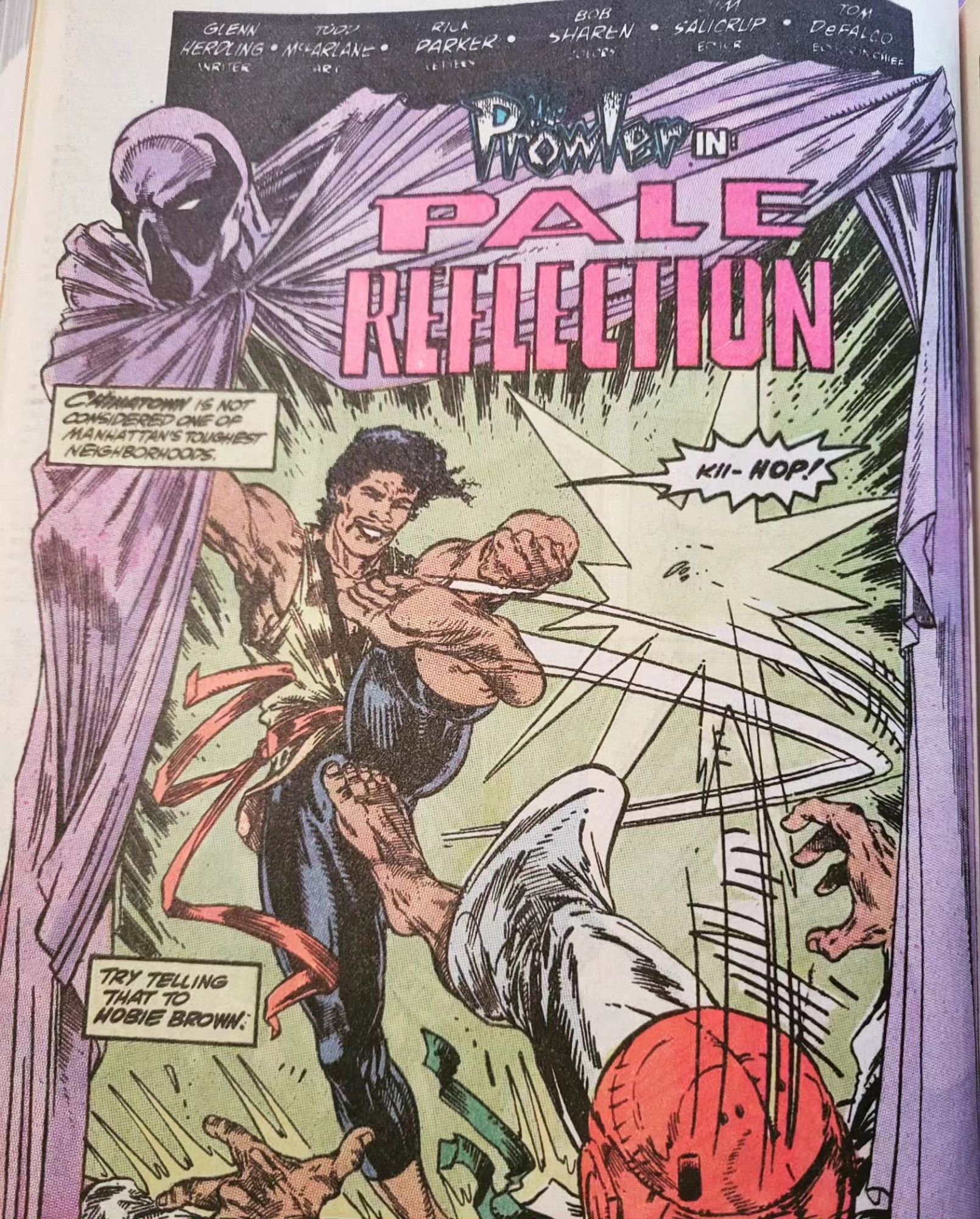 A comic page from Spectacular Spider-Man Annual #10, drawn by Todd McFarlane. The Prowler in karate togs kicks an opponent to the ground, while his masked & cape-shrouded alter ego hovers around the edge of the panel looking like purple Spawn.