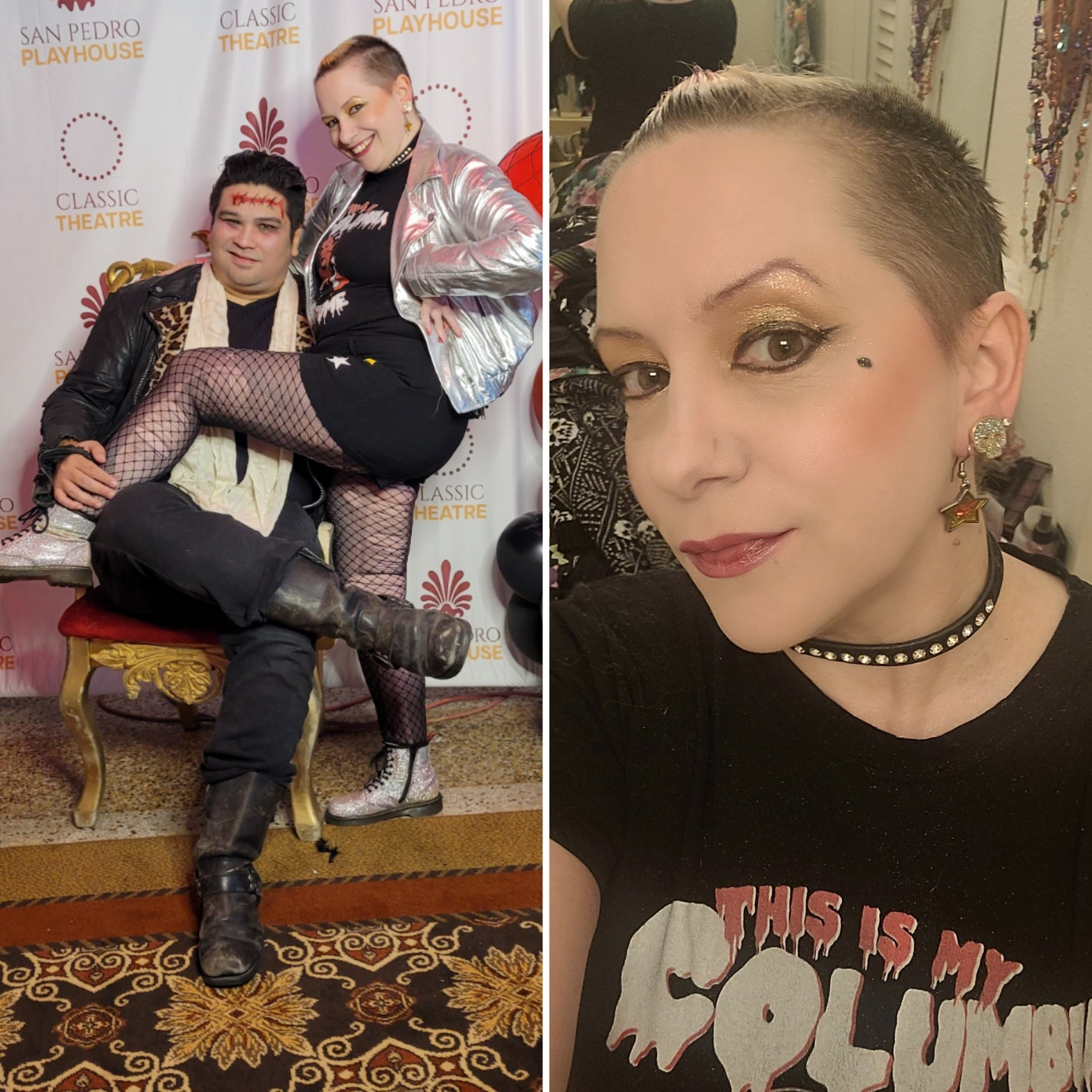 Left: Ersatz Eddie and Punk Columbia closet cosplay. Eddie sits on a throne while Columbia throws her leg up over him. Right: my 53 year old face with twenty pounds of glitter makeup on it in classic Rocky Horror Columbia drag. My shirt says "This is my Columbia Costume". (PS I hate Columbia's slicked down hair but ya gotta do what ya gotta do.)