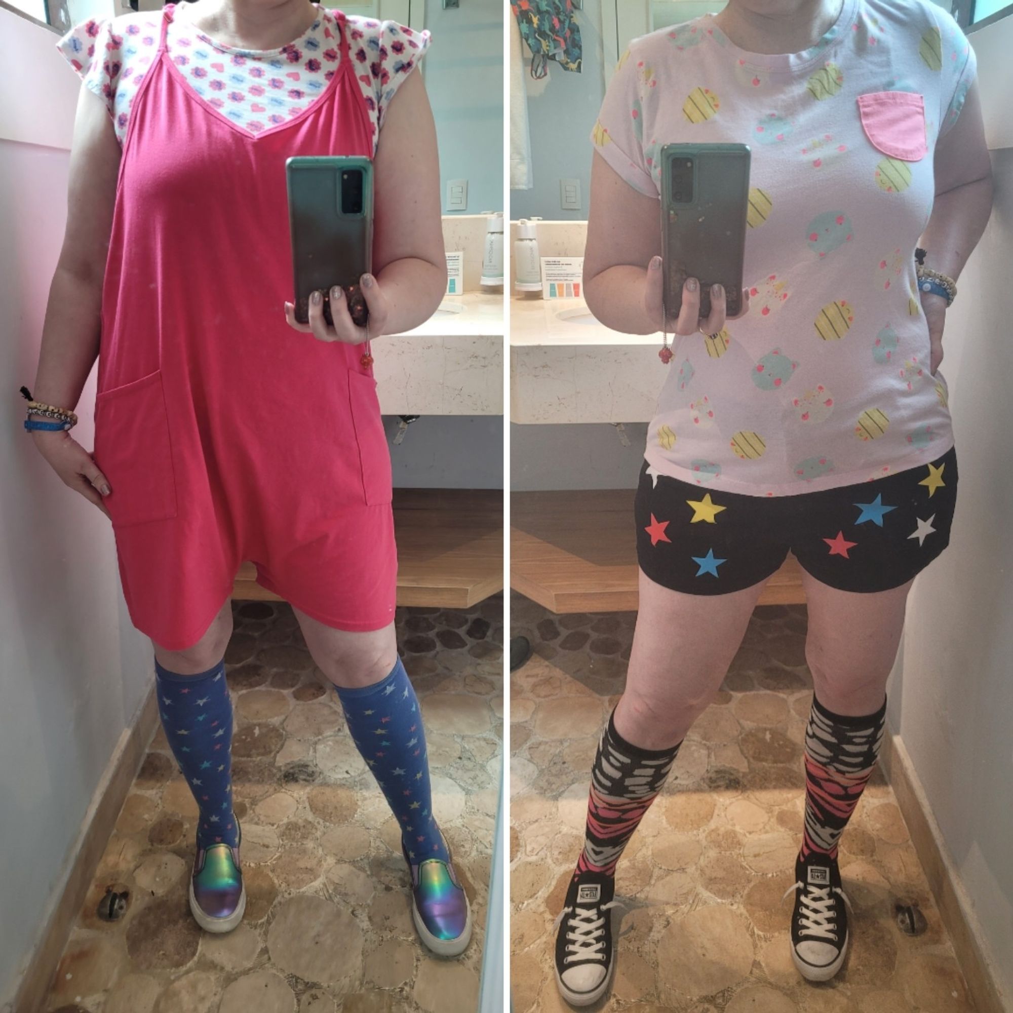 A 53 year old lady in 2 vacation outfits. One is a pink romper over a Uniqlo Fujiya Milky tee with iridescent Cat & Jack vans, one is a pastel & neon animal head print Cat & Jack tee with black star printed shorts with black Converse.