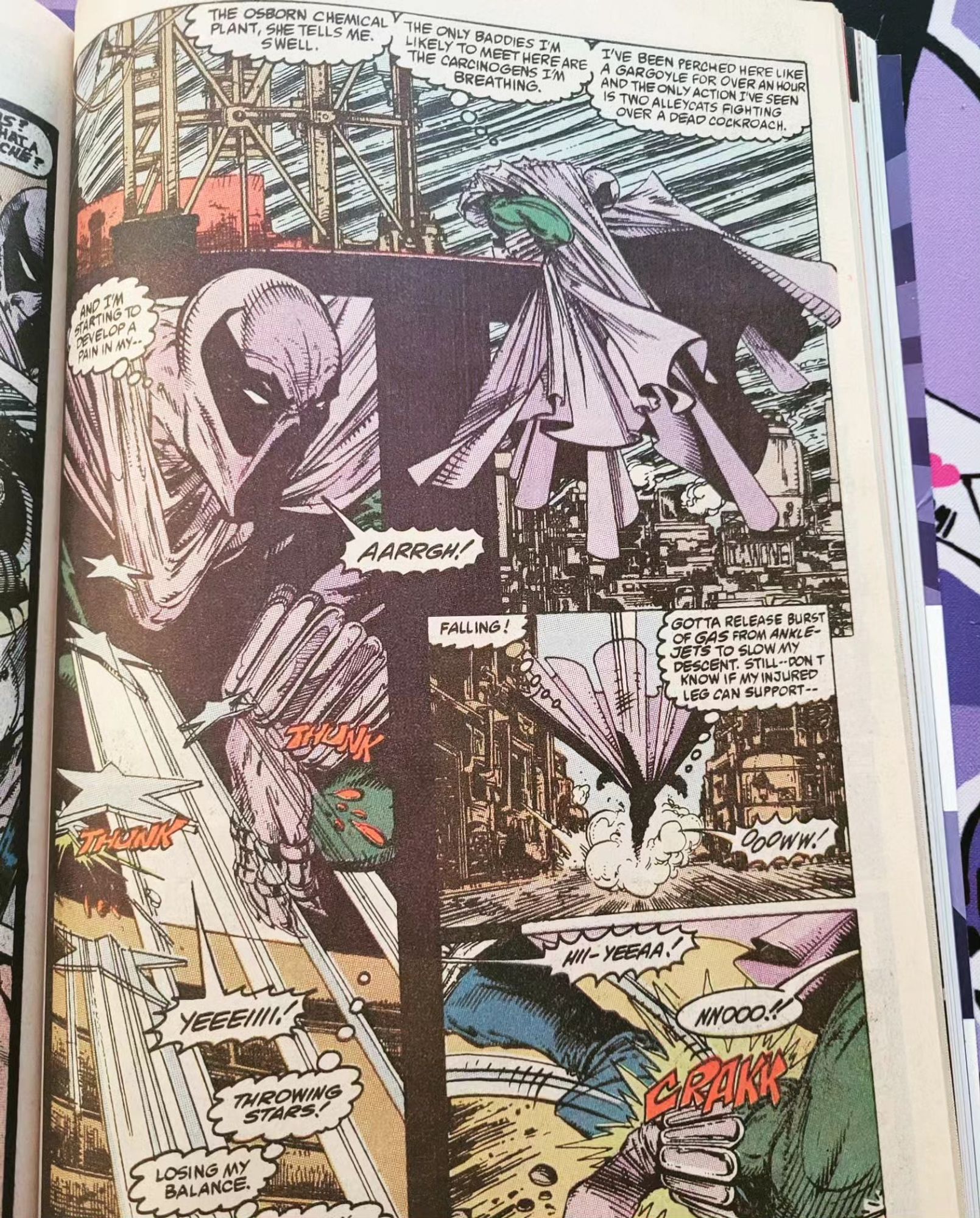 Another page from Spectacular Spider-Man Annual #10, drawn by Todd McFarlane. In it, the Prowler crouches over the city with more cape than is physically possible, looking even more like purple Spawn.