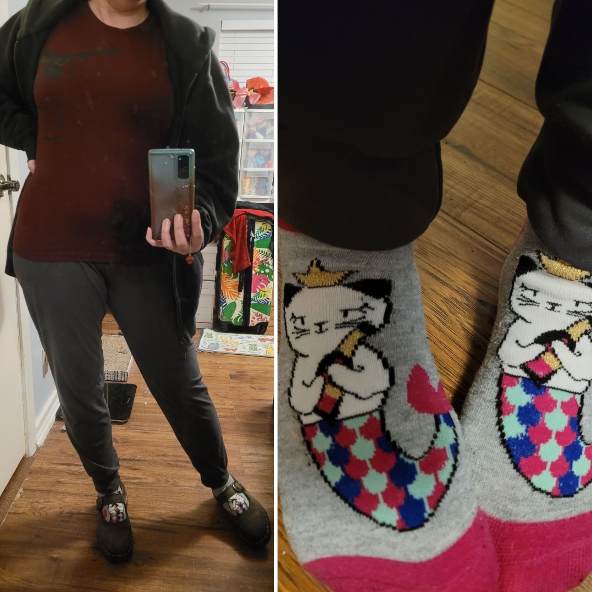 An outfit consisting of a burgundy Uniqlo Haikyuu tee depicting a shadowy cat and crow, grey joggers, a black oversized hoodie, thrifted Doc Martens Mary Janes and socks depicting a kitty mermaid wearing a gold crown.