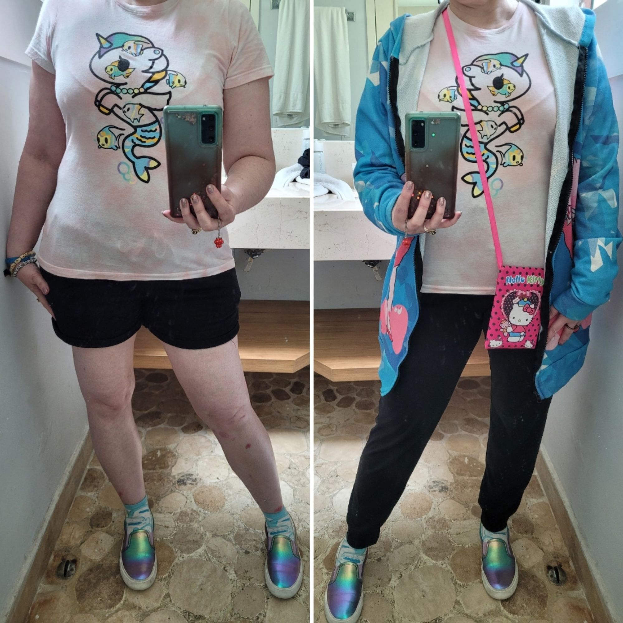 Two outfit variants based around a pink Tokidoki Mermicorno tee and iridescent Cat & Jack vans; one with black shorts and one with black joggers, a Hello Kitty mini-purse, and a blue Galaxxxy oversized hoodie with pink anime bunnygirls on it.