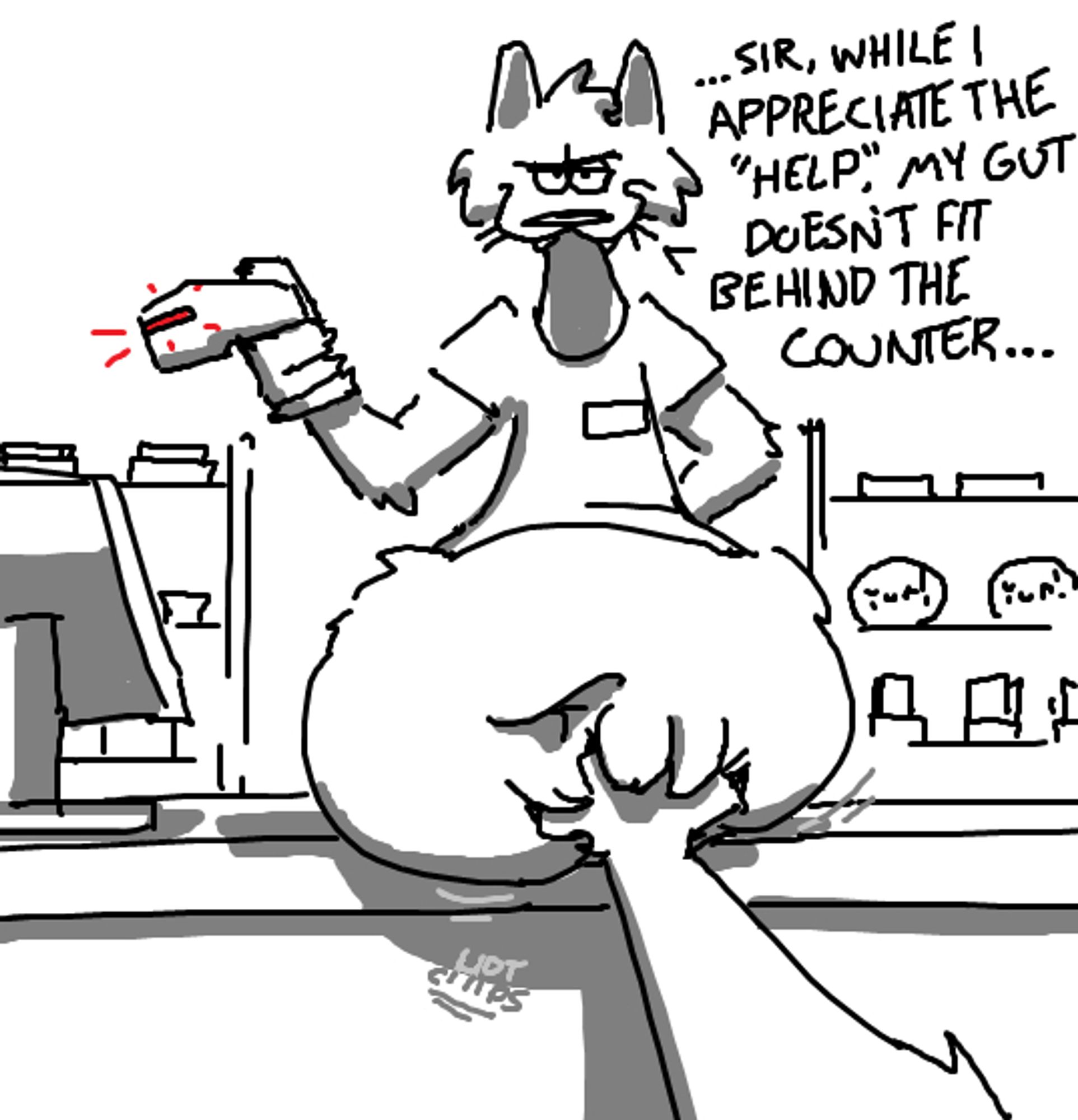 An anthro wolf cashier resting his stupidly fat gut on the counter, prompting the customer (POV) to push against it (ooh soft)