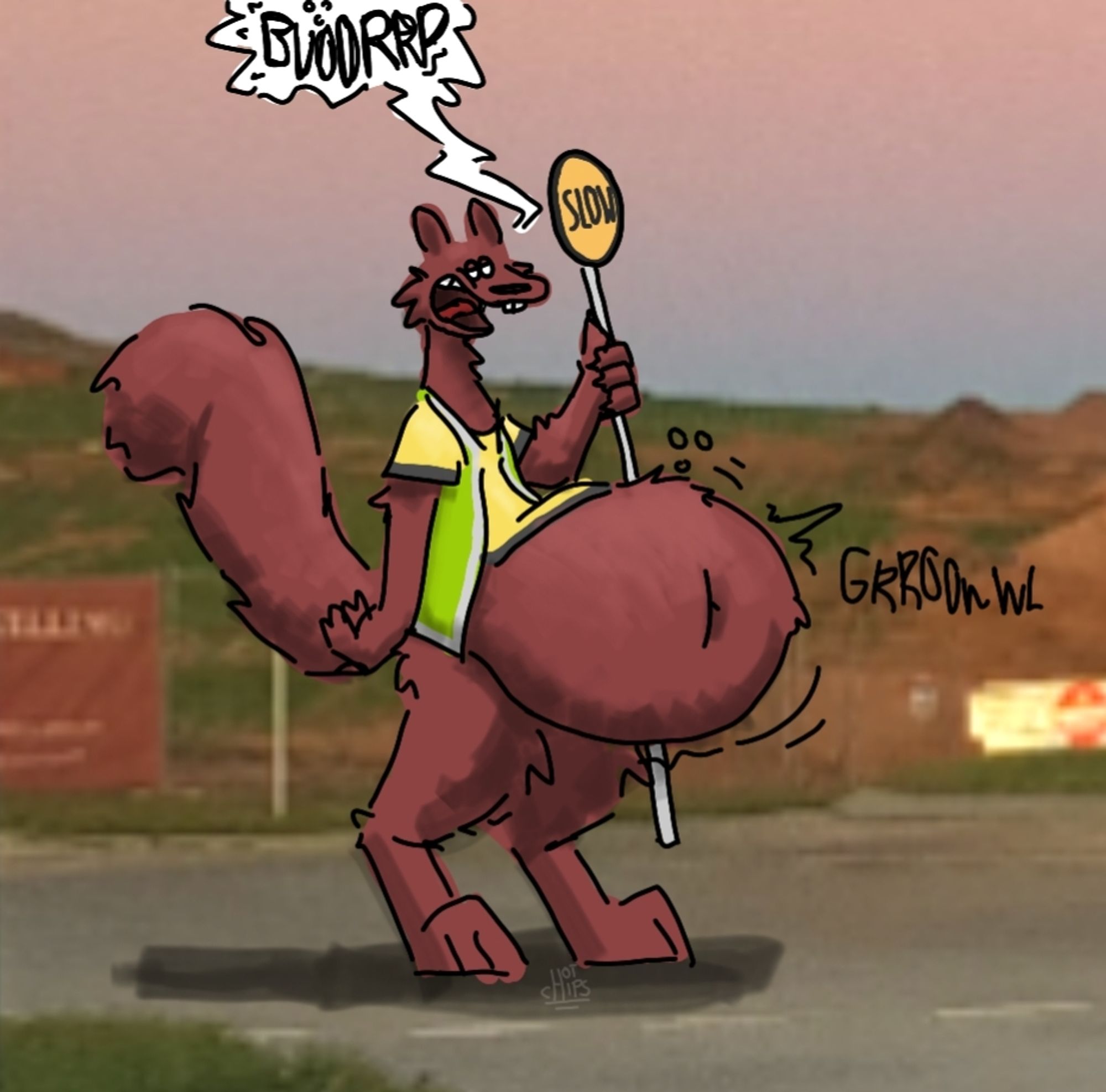 Anthro squirrel tradesman holding a slow-stop traffic sign while sporting an engorged gut (and belching)