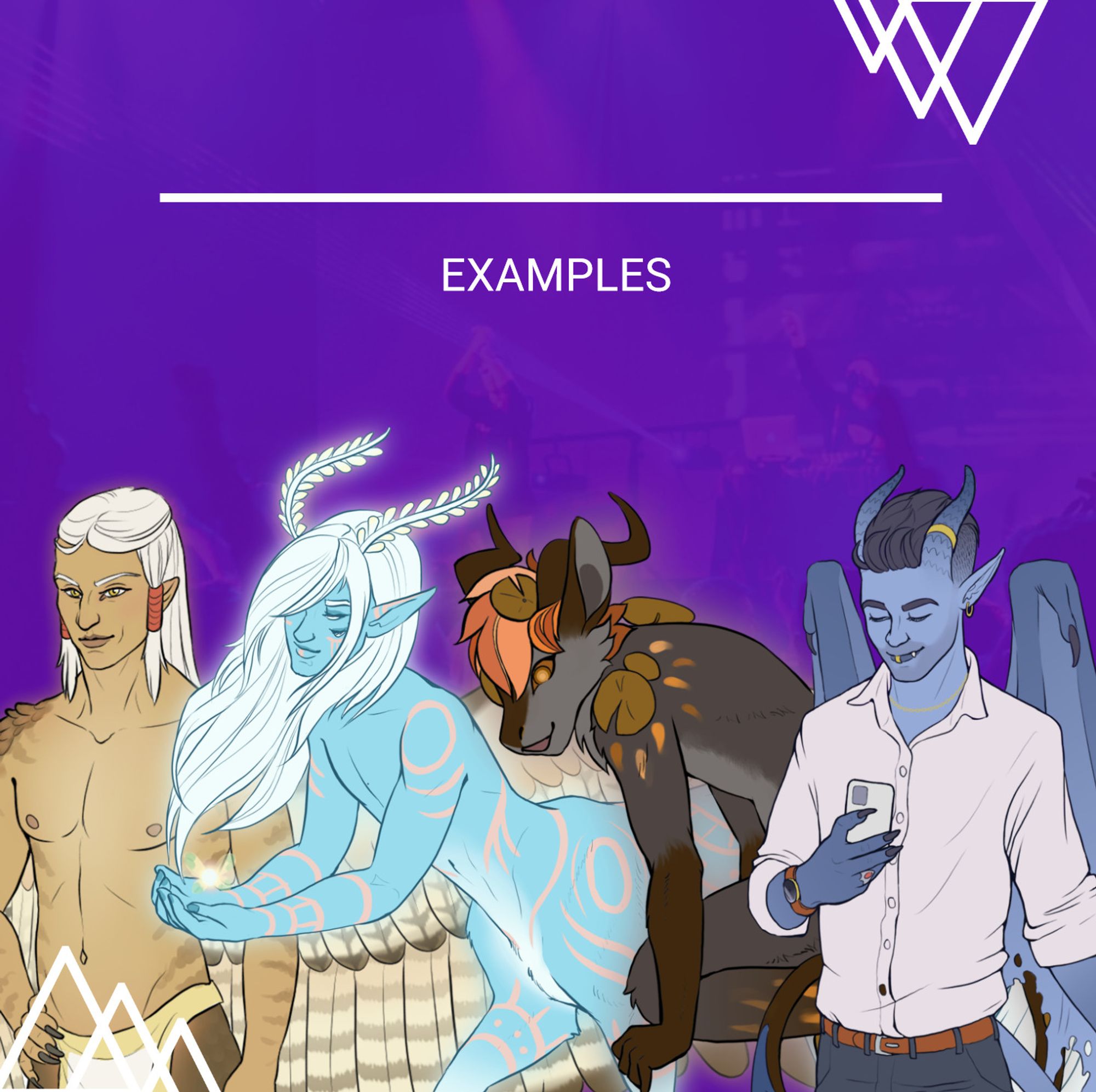 Image tilted, "Examples" with four flat colored characters below the title. From left to right is Rook the harpy, a centaur based off Satori from LoZ ToTK, a creature named Leafster who is grey with lily pad decor, and a blue teifling in business attire looking at a phone.