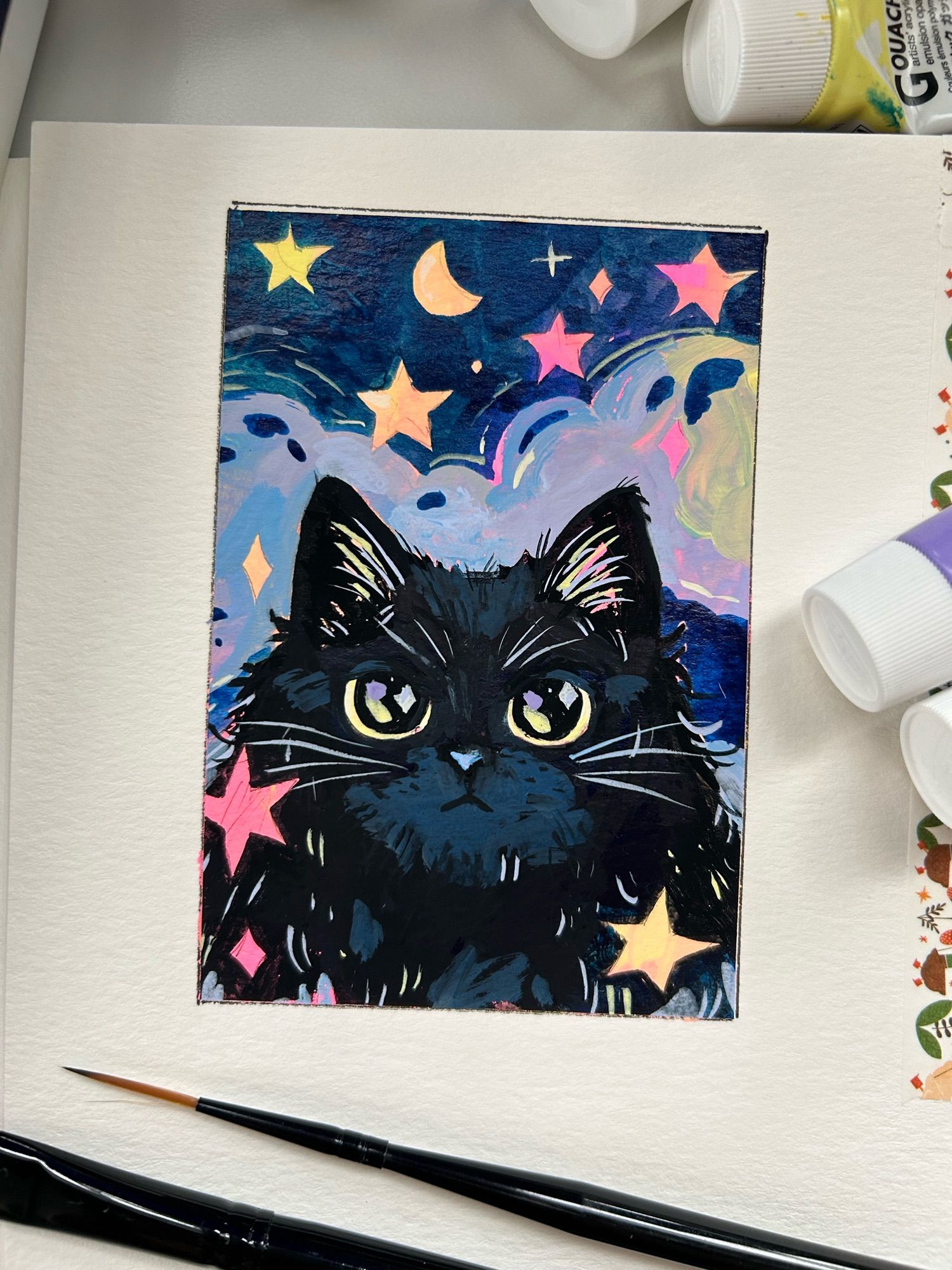 Gouache painting of my black cat momo in a celestial starry fashion