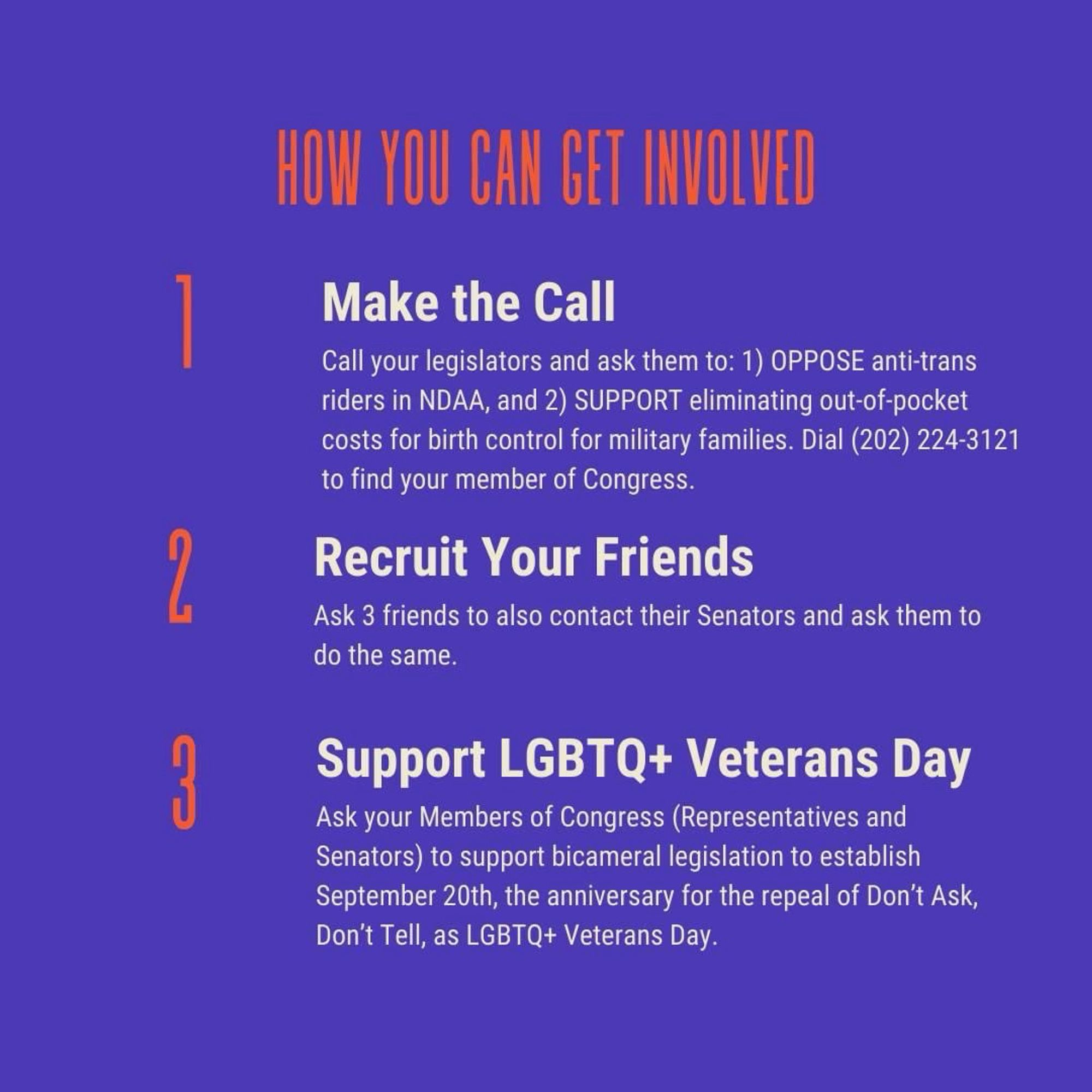 1. Make a call
2. Recruit your friends.
3. Support LGBTQ plus Veterans Day.