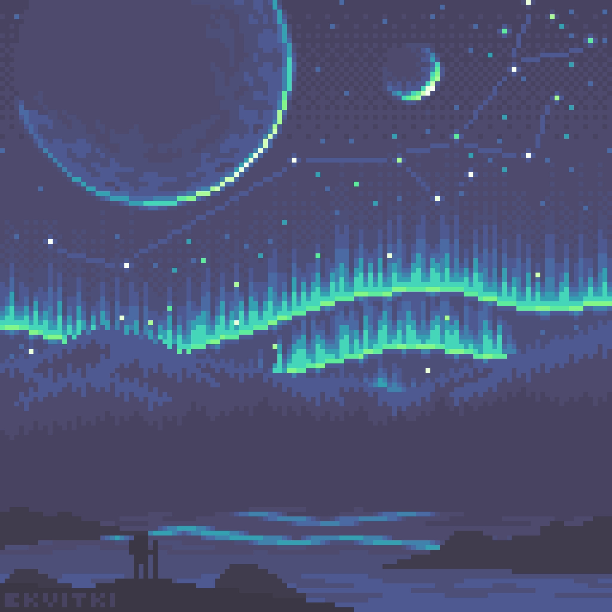 A scene featuring a lake, two large moons, constellations, and aurora.