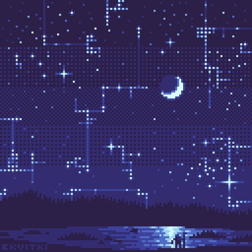 A scene featuring a lake, moon, stats, mountains, and geometric constellations.