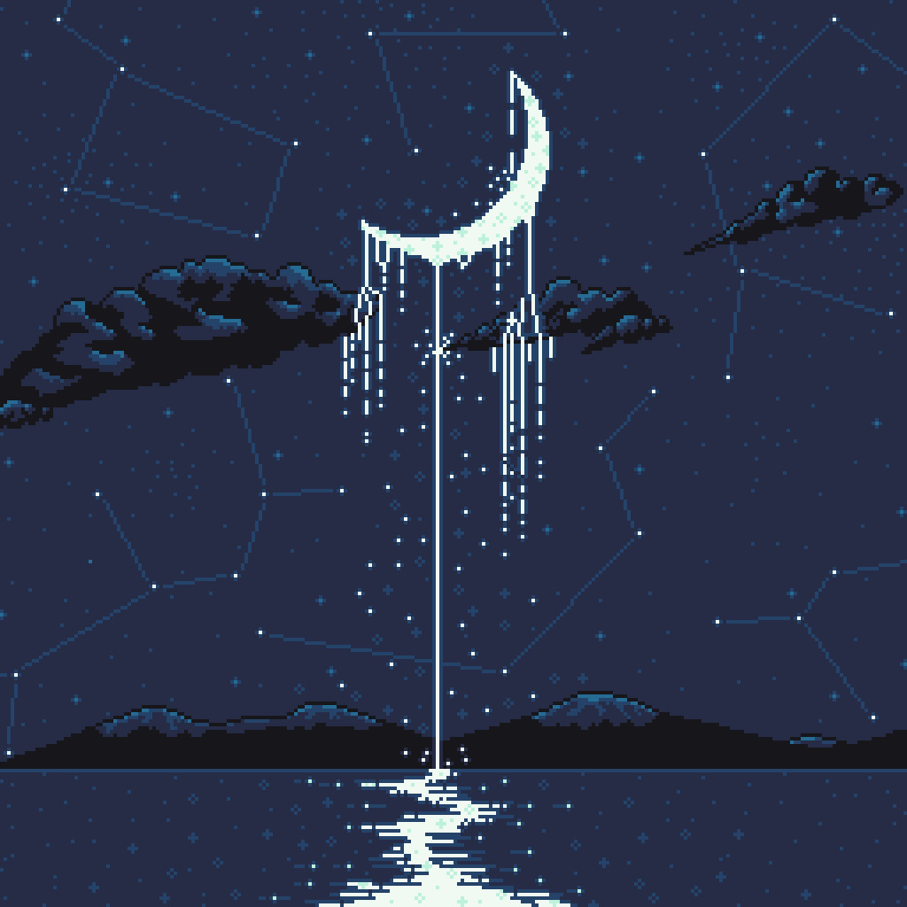 The moon dripping liquid moonlight into a body of water, surrounded by clouds, stars, and constellations.